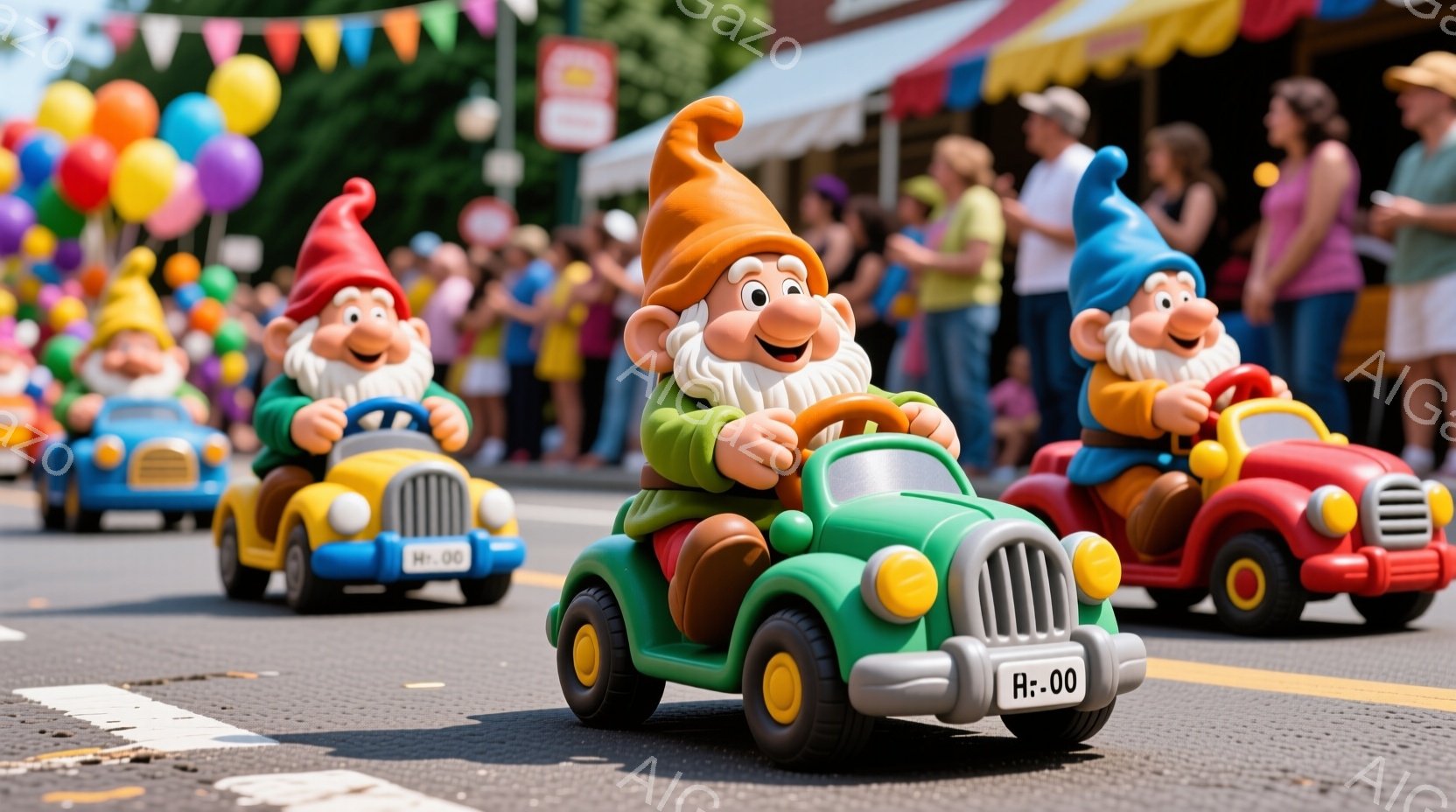 道路を複数の園丁が運転するレトロな自動車が並んで走っています。彼らはそれぞれ異なる色の帽子と服を着ており、楽しそうな表情をしています。背景にはカラフルな旗や、人々で賑わう街並みが見え、晴天の下で賑やかなパレードが行われている様子が伺えます。