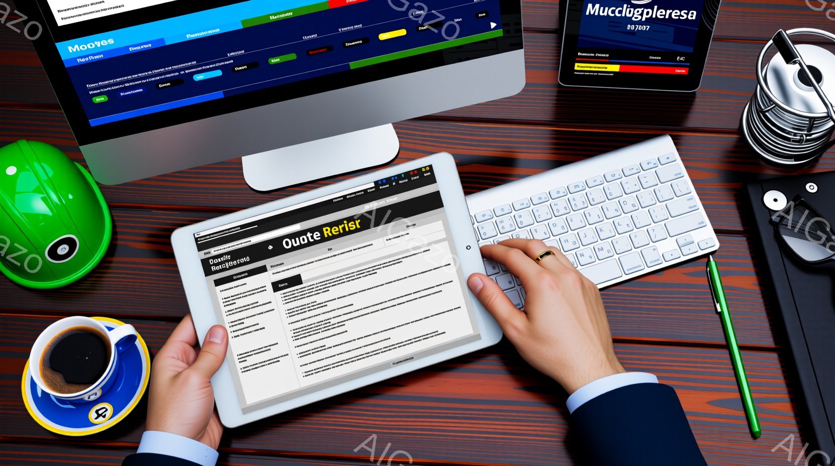 ビジネスシーンで、成長性のある企業家がテーブル上にデバイスを置き、働く人物として表情や動作を示す。フルーツベーグル、ラップトップと電子書籤で構成された込み入りの芸術的なバックグラウンドで雰囲気はシリアスで、仕事に集中している。