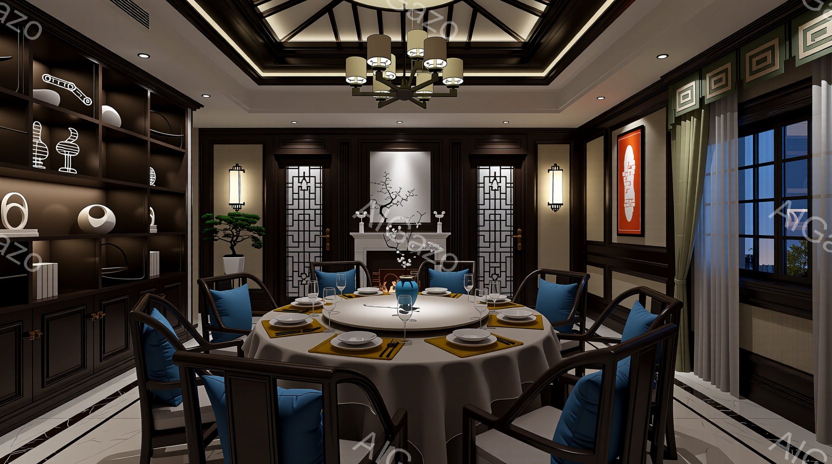 豪華なダイニングルームの内部を示しています。暗い木製のキャビネットと装飾が特徴で、白とグレーのパレットで調和されています。大きな円形のダイニングテーブルは、丁寧に配置された食器類とともに、優雅な食事の - AI生成フリー素材