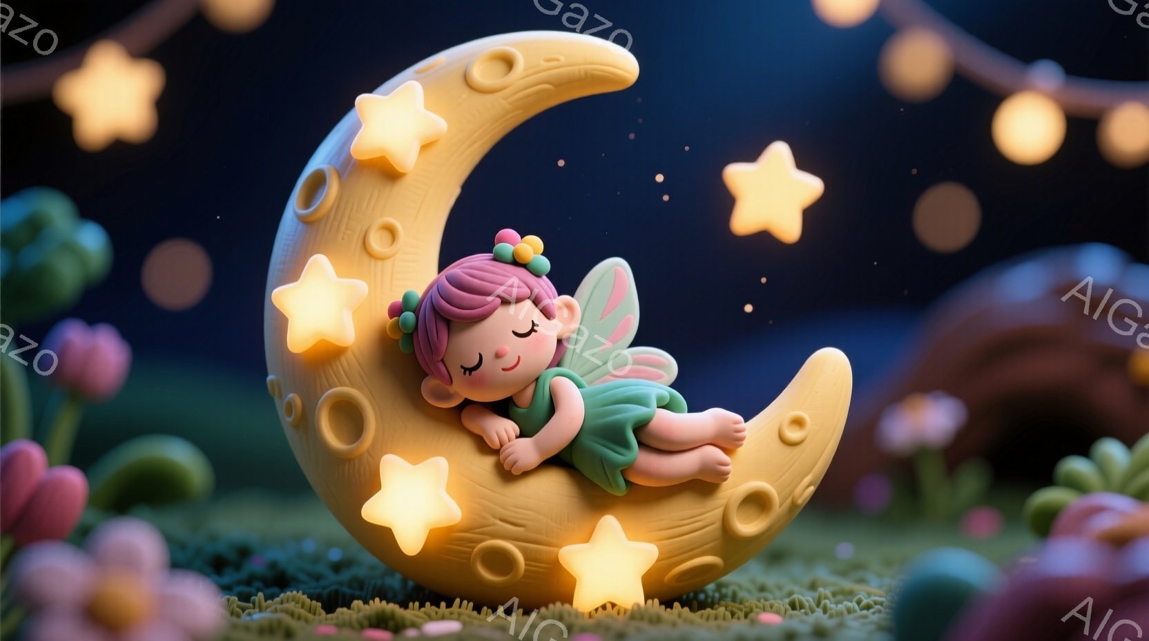 明るい三日月の上に、ピンク色の髪に花飾りをつけた小さな妖精が眠っています。緑色の服を着ており、顔は穏やかで平和な表情をしています。背景には、小さな花々や、ぼんやりと光る星が散りばめられており、全体的に - AI生成フリー素材