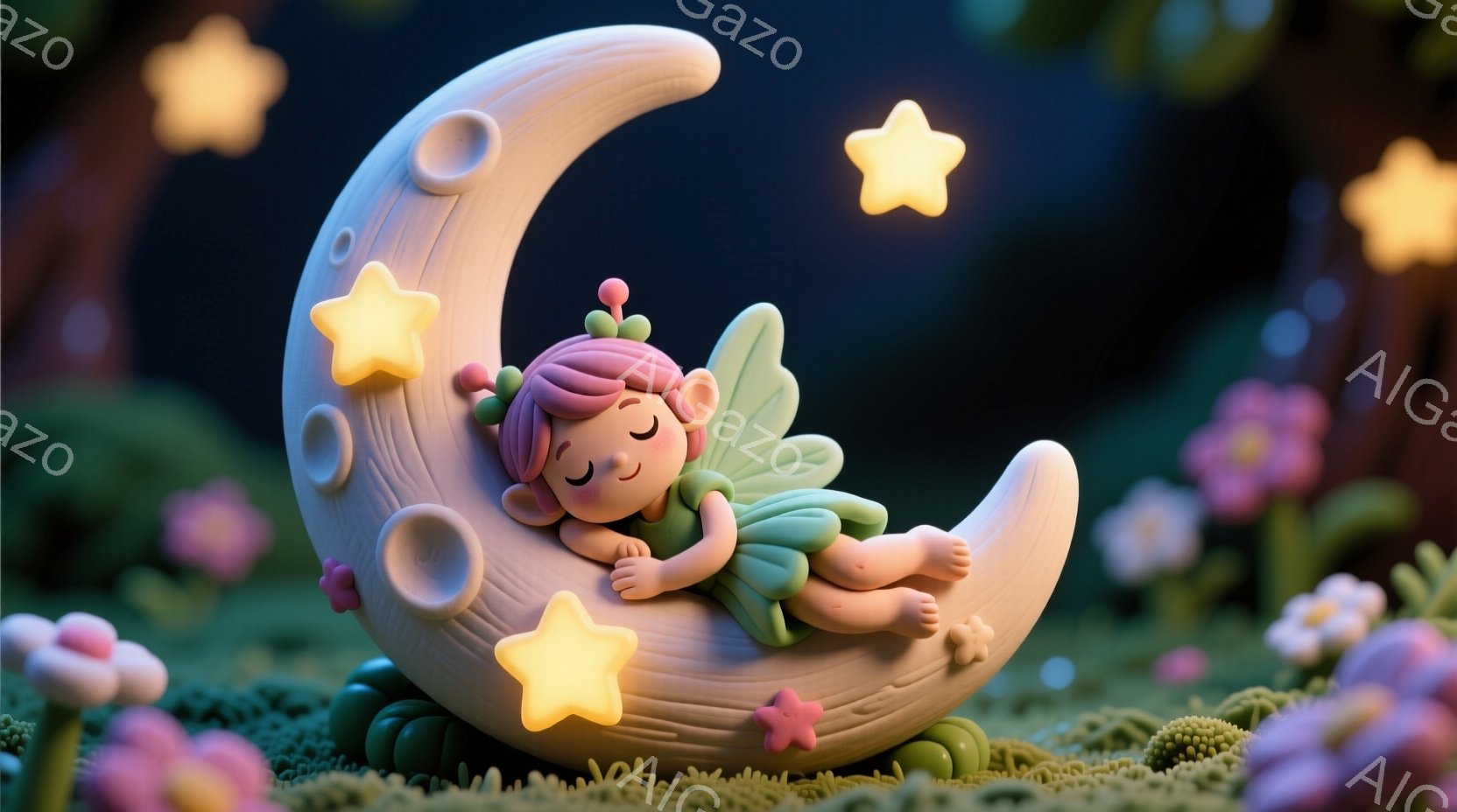 クリーム色の三日月の上に、ピンク色の髪と緑色の羽を持つ小さな妖精が眠っています。妖精は葉っぱで作られたドレスを着ており、穏やかな表情で目を閉じています。背景には、ピンクや白の花が咲き乱れる緑の草原と、ぼんやりとした木々が見え、全体的に夢見心地で優しい雰囲気です。