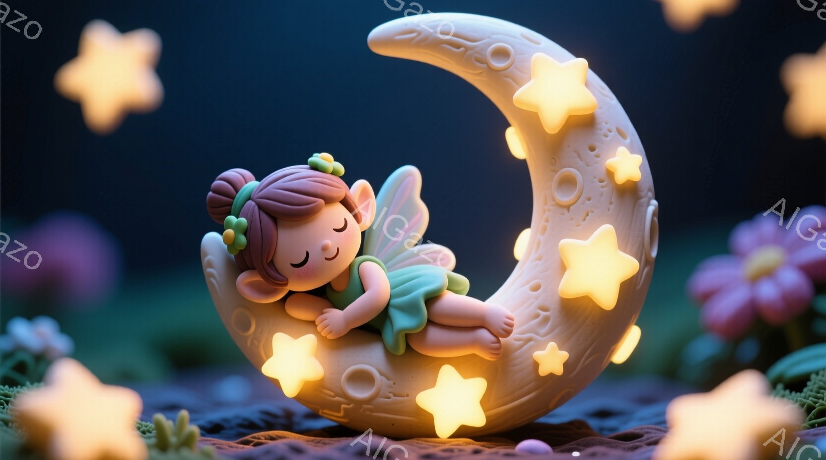 可愛らしい少女が、月のような曲線状の白い台に横たわって眠っています。彼女は緑色のワンピースを着ており、茶色の髪は二つの小さな三つ編みに結ばれています。背景には、鮮やかな紫色の花と、光り輝く星が散りばめられた夜の自然が広がっており、夢のような幻想的な雰囲気を醸し出しています。