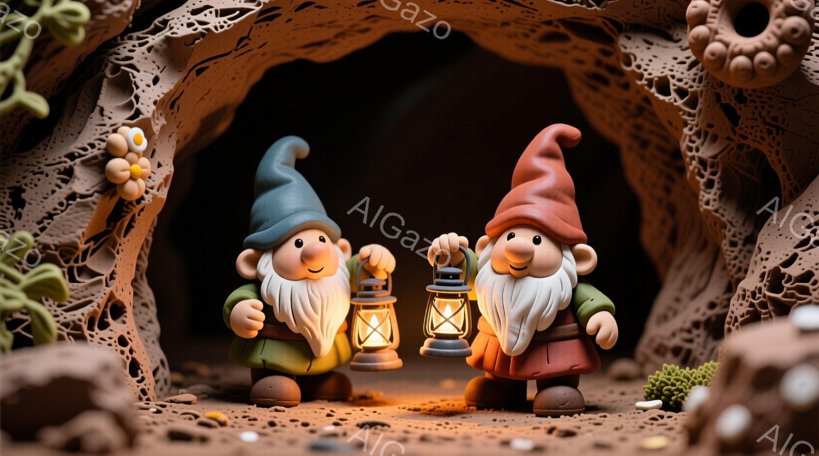 洞窟の中に、ひげをたくわえた2人の小人が立っており、それぞれ手に提灯を持っています。緑色の帽子と赤い帽子をかぶり、笑顔で前を見つめています。洞窟の壁は多孔質で、地面は砂のような質感で、全体的に温かく幻想的な雰囲気が漂っています。
