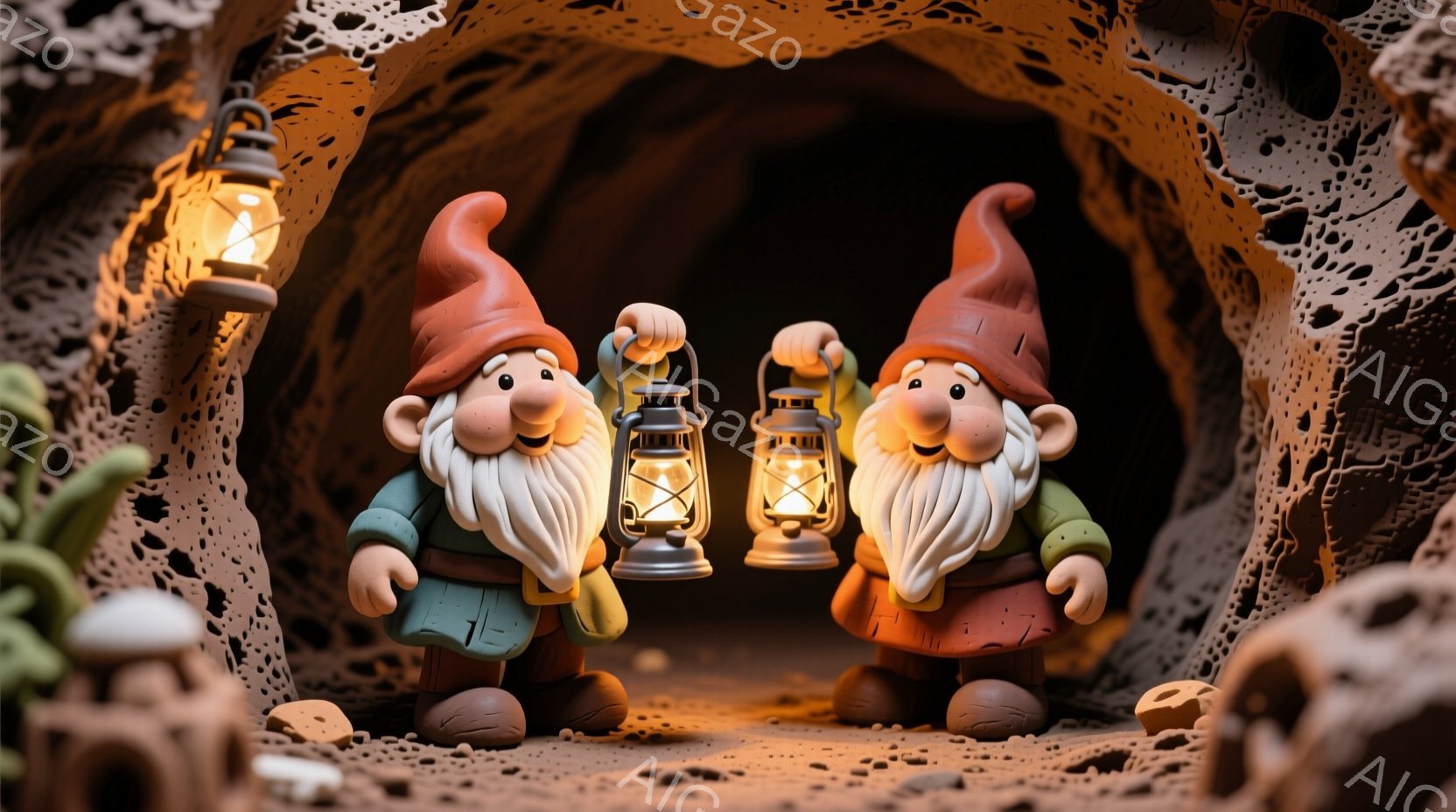 2人の小さな妖精のような人物が、それぞれ手に提灯を持って立っています。彼らは白いひげと帽子をかぶり、緑色の服を着ており、顔には笑顔が浮かんでいます。背景は洞窟のようで、茶色い岩肌とキノコが見え、提灯の光が洞窟内の暗さを照らしています。