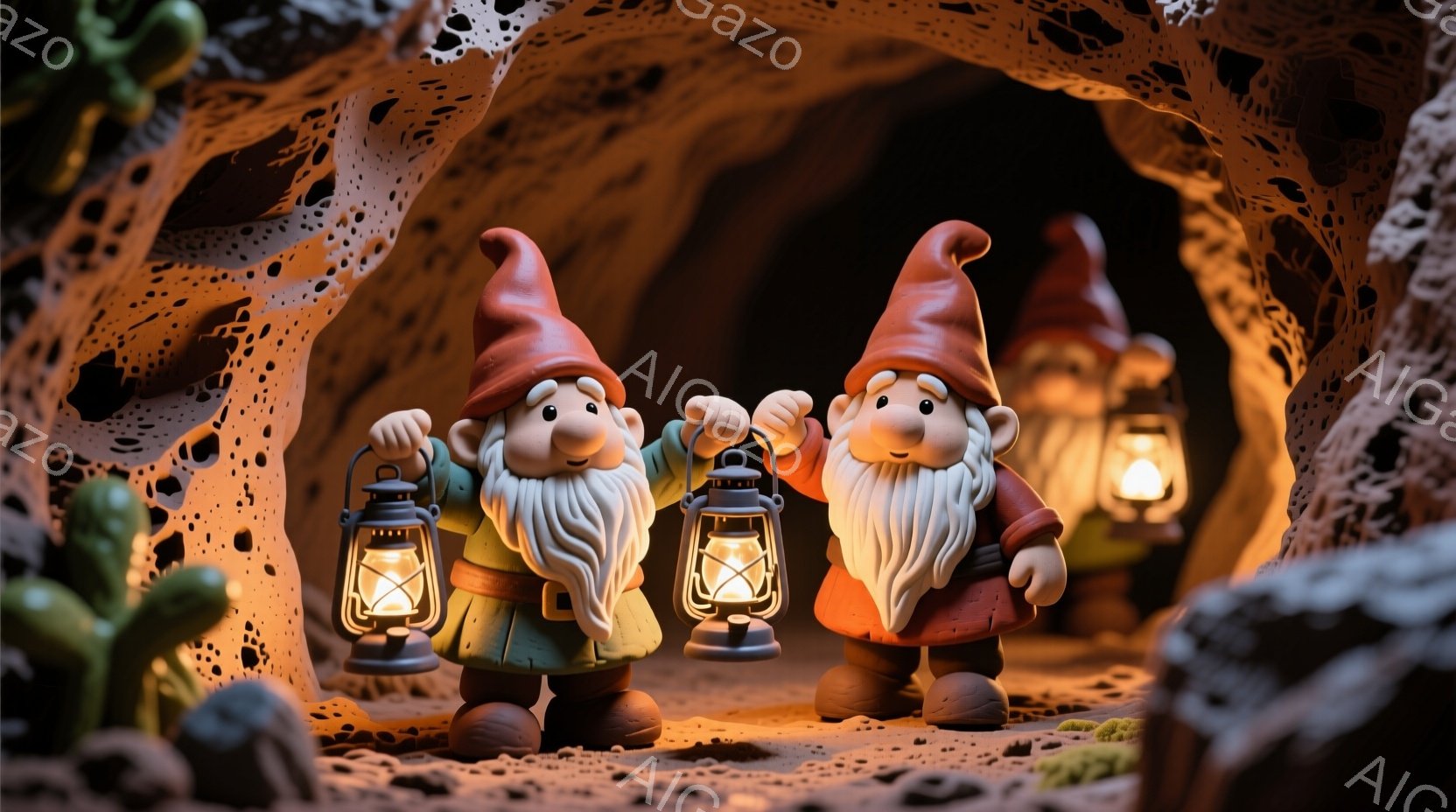 二体の愛らしい小人が洞窟の中で提灯を掲げて立っています。彼らは赤い尖った帽子と緑色の服を着ており、白いひげと優しい笑顔が特徴的です。背景は岩の多い洞窟で、提灯の光が岩肌を照らし、暖かく幻想的な雰囲気を - AI生成フリー素材