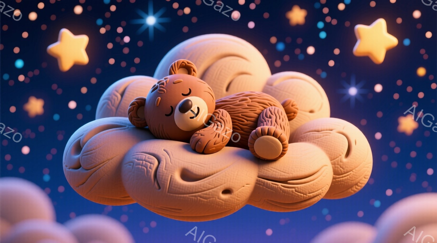 暖かく柔らかな色合いの画像で、雲のようなふわふわした物体の上に、茶色のテディベアが眠っています。テディベアは目を閉じ、リラックスした表情で、四肢を広げて仰向けに寝ています。背景は暗い青色で、様々な大き - AI生成フリー素材