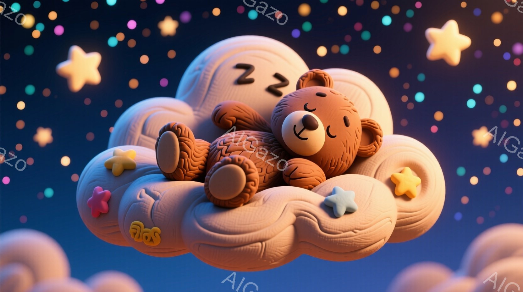 このイメージには、夜空を背景にした夢のようなシーンが描かれています。中央には大きな雲のような形状をした筋書きの中に、おもちゃの雨の日着物を着た毛色の萌えるスマイリーなツディベアが寝ています。顔は白く、目は閉じられており、心地よい表情をしています。雲の下に星が散らばっているようで、夢のような場所という印象を与えています。全体として、このイメージは安らぎや癒しをもたらす可能性があります。