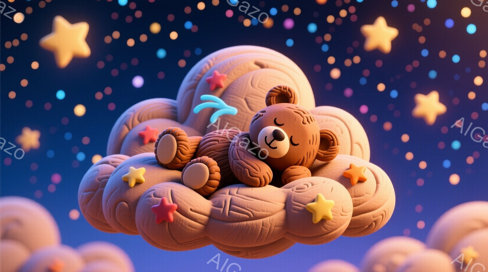 ふわふわとした雲の上に横たわる、茶色のテディベアが描かれています。ベアは目を閉じて眠っており、リラックスした表情をしています。背景は濃い青色で、黄色や赤の星が散りばめられており、夢のような穏やかな雰囲気を醸し出しています。