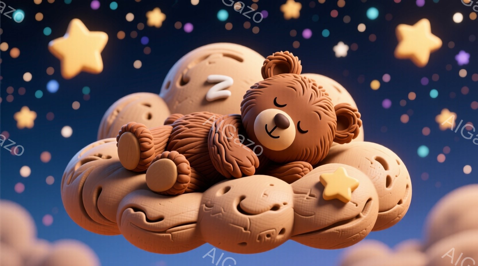 ぬいぐるみのような茶色のクマが、ふかふかのクッションの山の上で眠っています。背景は夜空のような青色で、様々な大きさの金色の星が散りばめられ、穏やかで夢のような雰囲気を醸し出しています。クマは目を閉じ、 - AI生成フリー素材