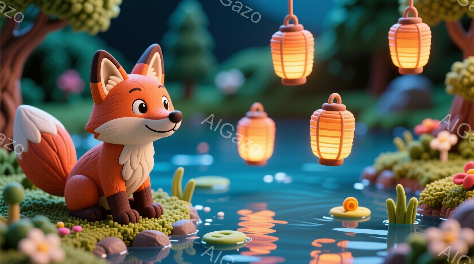 明るいオレンジ色のキツネが、水辺の岩の上に座ってこちらを見ています。その周りには、水面に浮かぶ小さな蓮の葉と、上空に吊るされた温かい光を放つ提灯が並び、幻想的な雰囲気を醸し出しています。背景は緑豊かな - AI生成フリー素材