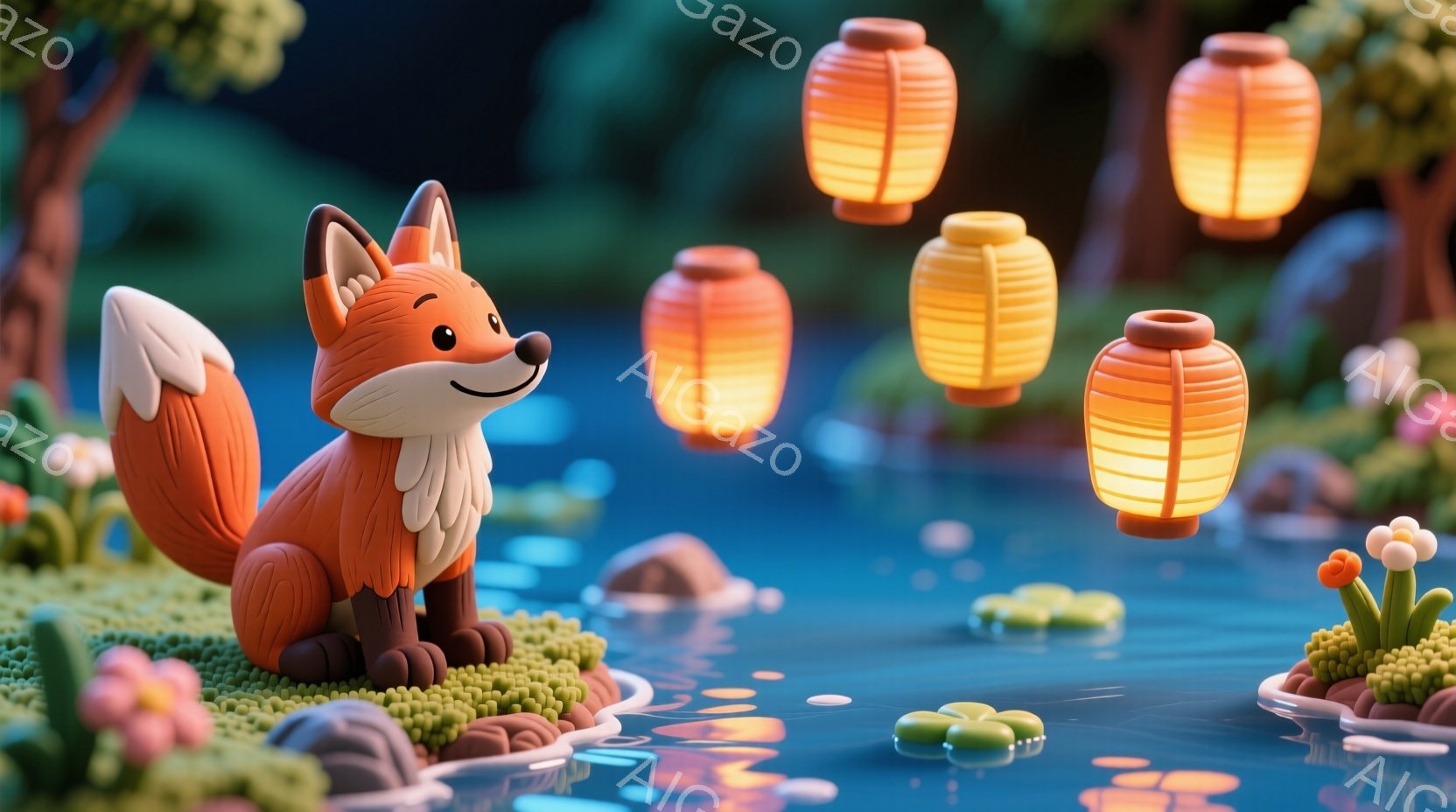 丸みを帯びたオレンジ色の狐が、水面に浮かぶ緑色の小さな島の上に座っている様子を描いています。狐は穏やかな笑顔で、大きくふさふさとした尾が特徴的です。背景には、水面に浮かぶ蓮の葉や、暗い緑の植物、そして柔らかな光を放つ提灯が点在し、幻想的で穏やかな雰囲気を醸し出しています。