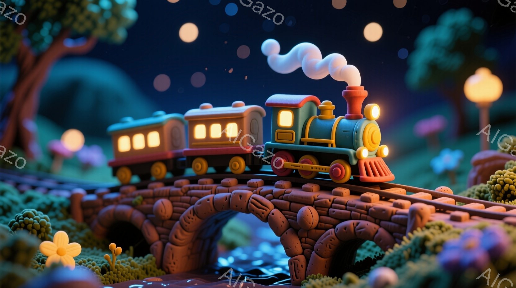 夜空を見下ろすような位置から、チョコレートのパノラマ風景です。中央には小型のスイーツ・トレインが走っており、その前には橋があります。トレインは赤と黄色のカラフルなデザインを持ち、煙や光が漏れているようです。背景には小さな樹木があり、夜空には星が点在しています。全体として、夢やファンタジーの世界を思わせる、楽しく可愛らしい雰囲気を持っています。