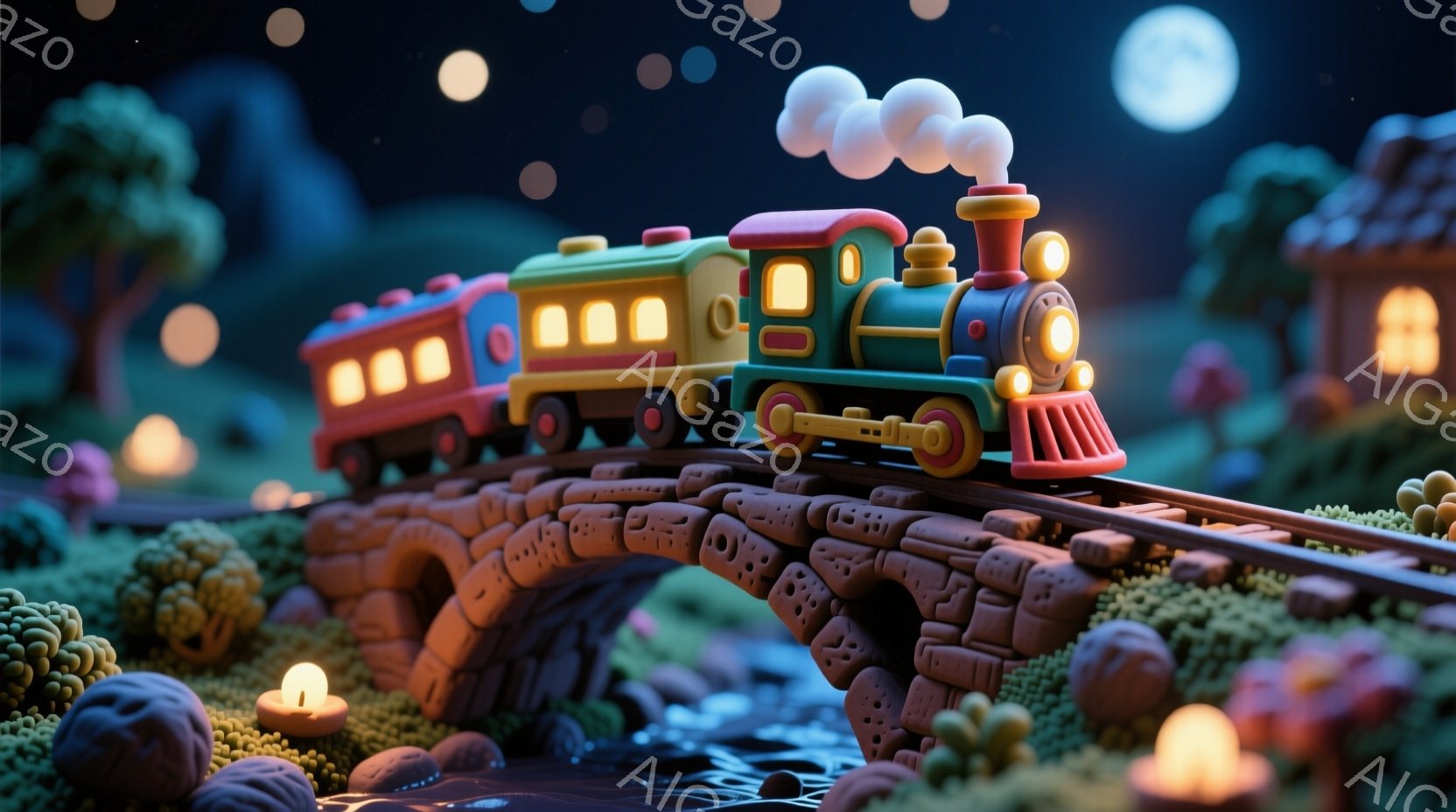 夜空の下、カラフルな蒸気機関車が石造りの橋の上を走っている様子が描かれています。機関車は赤、緑、黄色で構成され、可愛らしいデザインで、周囲には小さな灯りが点在し、ファンタジーのような雰囲気を作り出しています。背景には、緑豊かな植物と、小さく可愛らしい家々が見え、夢のような夜の風景が広がっています。