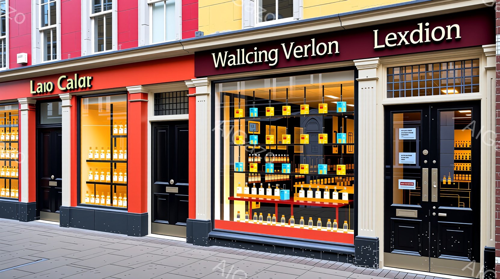 カラフルな建物が並ぶ通りに面した店が写っている。ショーウィンドウには様々な種類の瓶が整然と並べられ、店名は「Lalo Calo」と「Wallking」の文字で表示されている。日中の明るい光が反射し、活気のある街の雰囲気を醸し出している。
