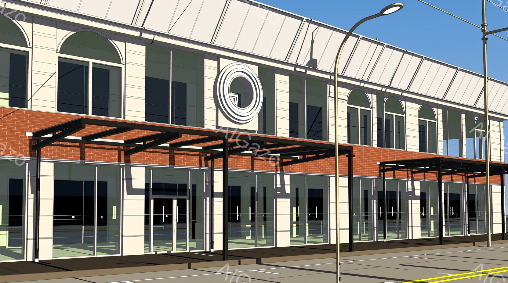 レンガ造りの建物が写っており、大きな窓とアーチ型の装飾が特徴的です。建物の上部には黒い金属製の庇があり、入り口付近に影を作っています。道路と歩道が写っており、晴天で明るい雰囲気です。