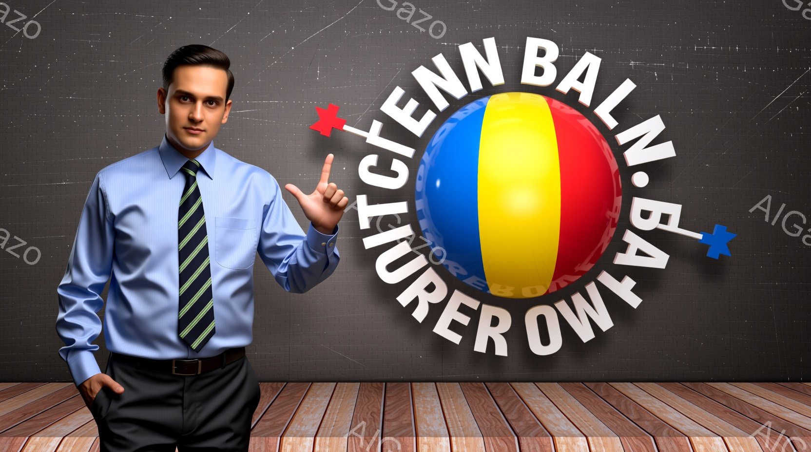 青いシャツと黒いズボンを着用した男性が映っており、髪は短く整えられています。彼は右手を上げて何かを指し示しており、自信に満ちた表情をしています。背景にはルーマニアの国旗の色で構成された文字が配置されており、全体的に明るく活気のある雰囲気です。