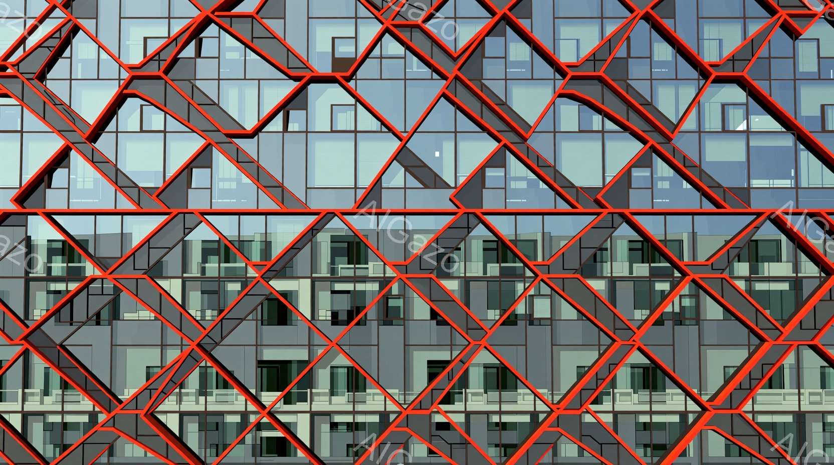 赤い幾何学的なフレームで構成された高層ビルの外観を捉えています。各フレーム内には、窓とバルコニーを備えた建物の階が映り、人々は生活空間の中で活動している様子が伺えます。全体として、モダンで都市的な雰囲 - AI生成フリー素材