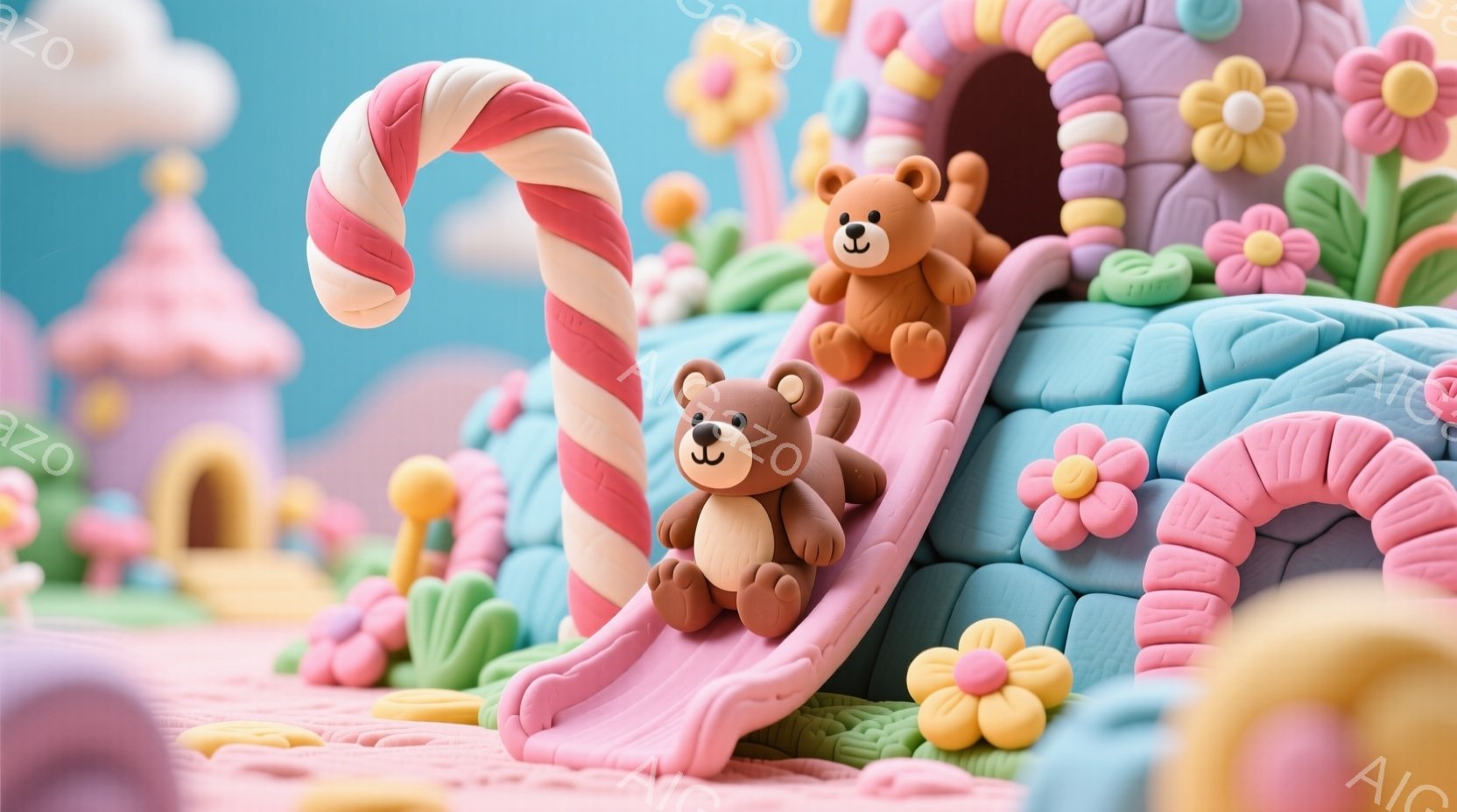鮮やかな色彩の粘土で作られた遊園地のような風景が広がっています。茶色のクマのぬいぐるみたちがピンク色の滑り台を滑り降りており、楽しそうな表情をしています。背景には、パステルカラーの建物や花が咲き乱れ、キャンディのような柱がアクセントになっており、夢のような雰囲気を醸し出しています。