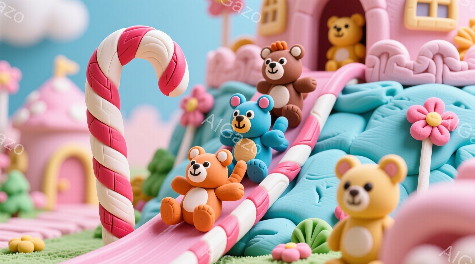 カラフルな粘土で作られた可愛らしいシーンを描いています。青、オレンジ、茶色のクマたちが、キャンディのようなポールとピンクのスライドで遊んでいます。背景には、緑の丘、小さな家、そして黄色い花が点在しており、全体的に明るく、遊び心のある雰囲気が漂っています。