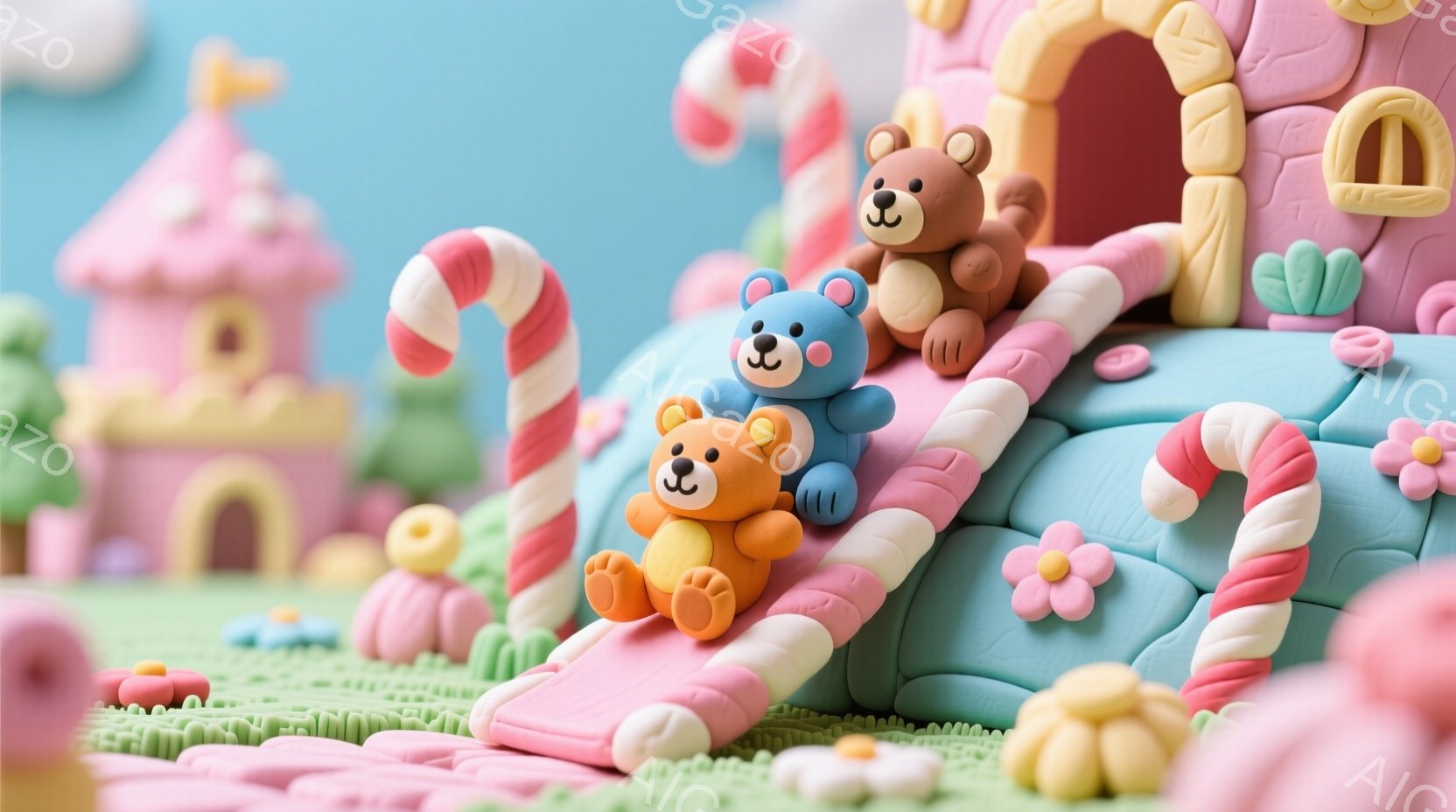明るいピンク色の背景に、まるで粘土で作られたかのような可愛らしい世界が広がっています。茶色、青、オレンジ色の3匹のクマが、キャンディのような縞模様の坂道を下りており、それぞれ笑顔で楽しんでいる様子が伺えます。背景には、お菓子のような家や花が散りばめられており、夢のようなファンタジーな雰囲気を醸し出しています。