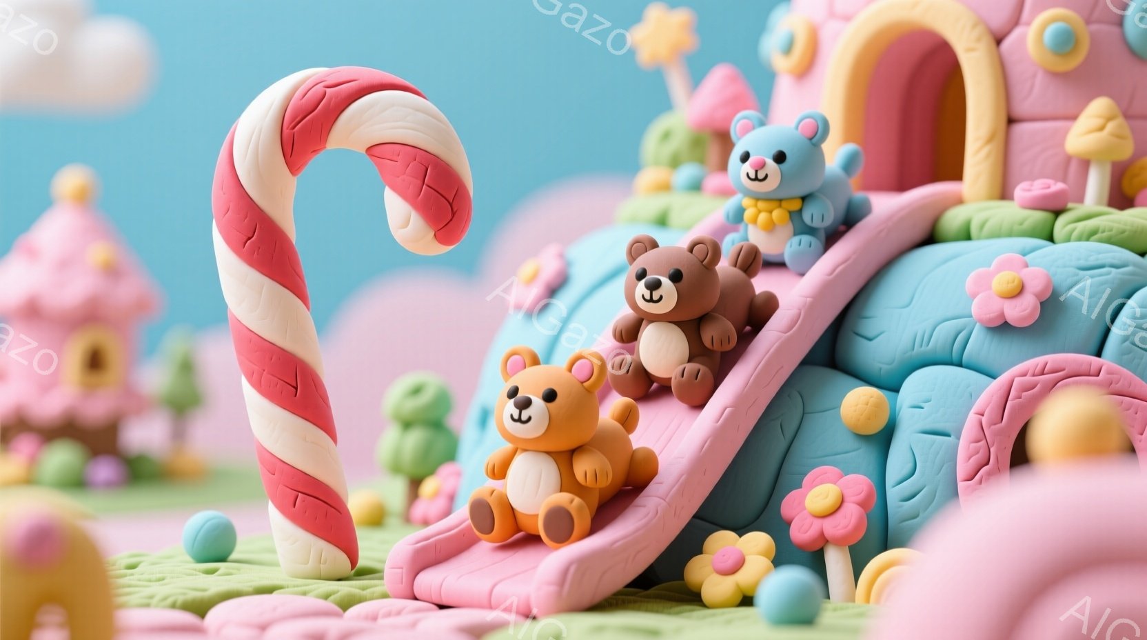 色とりどりの粘土で作られた可愛らしい世界が描かれています。青い丘の上にピンク色の滑り台があり、その上を三匹のテディベアが滑り降りようとしています。背景には、キャンディケーン、花、そしてパステルカラーの建物が点在し、夢のような雰囲気を醸し出しています。