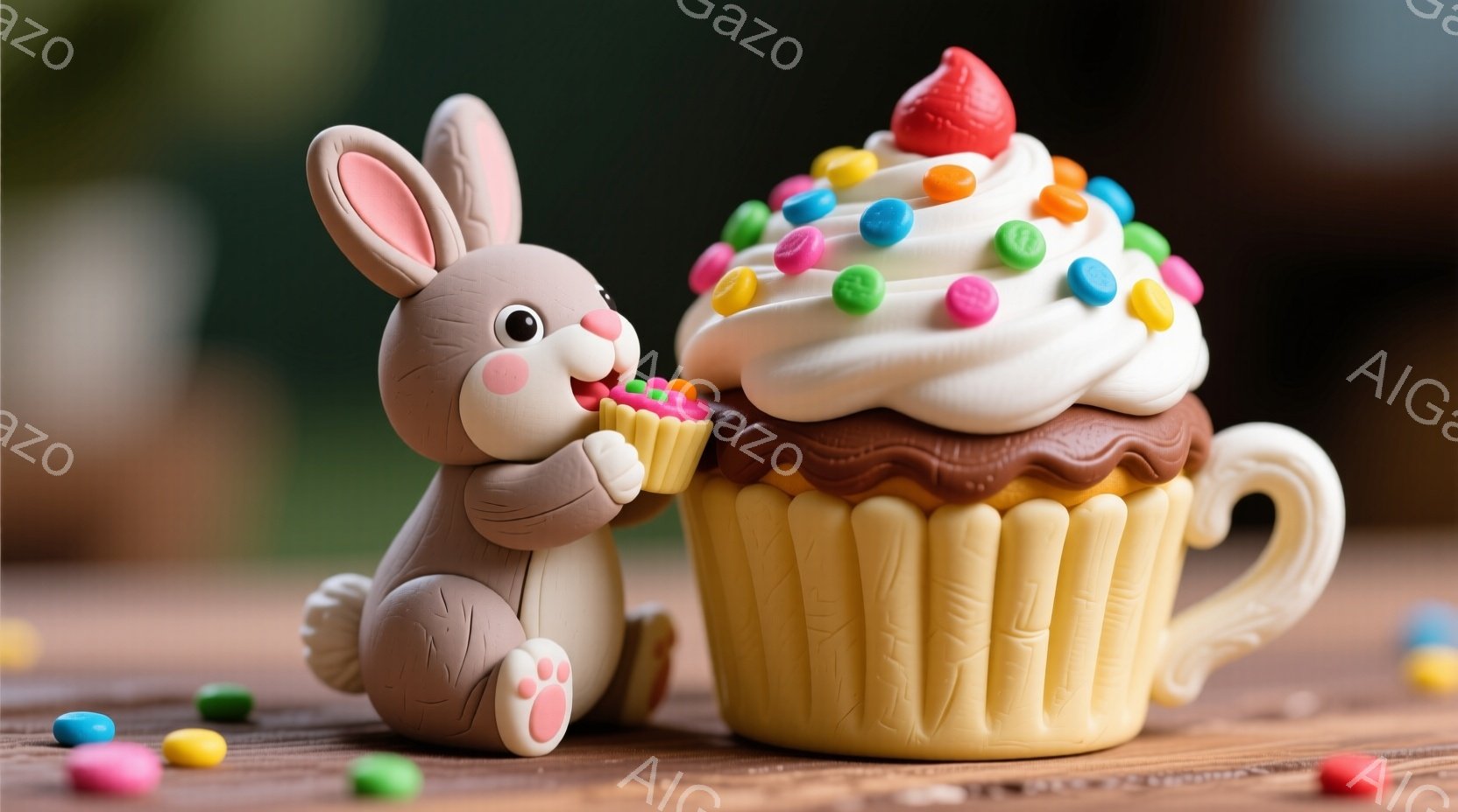 小さなうさぎの人形が、巨大なカップケーキの前に座って、両手でそれを抱えています。カップケーキはクリームとカラフルなキャンディで飾られており、背景には散らばった小さなキャンディが見えます。全体的に暖かく、可愛らしい雰囲気が漂っており、おとぎ話の世界のような印象を与えます。