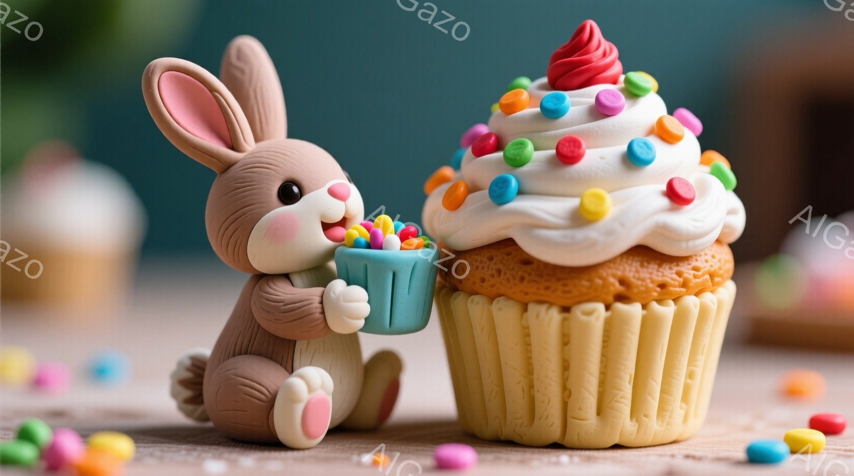 茶色のウサギの置物が、カラフルなキャンディーが入った水色のバケツを抱えています。ウサギは丸い体をしており、ピンクの鼻と可愛らしい表情をしています。背景には大きなカップケーキと、散らばったキャンディーがあり、全体的に明るく、お祝いムードの漂う雰囲気です。