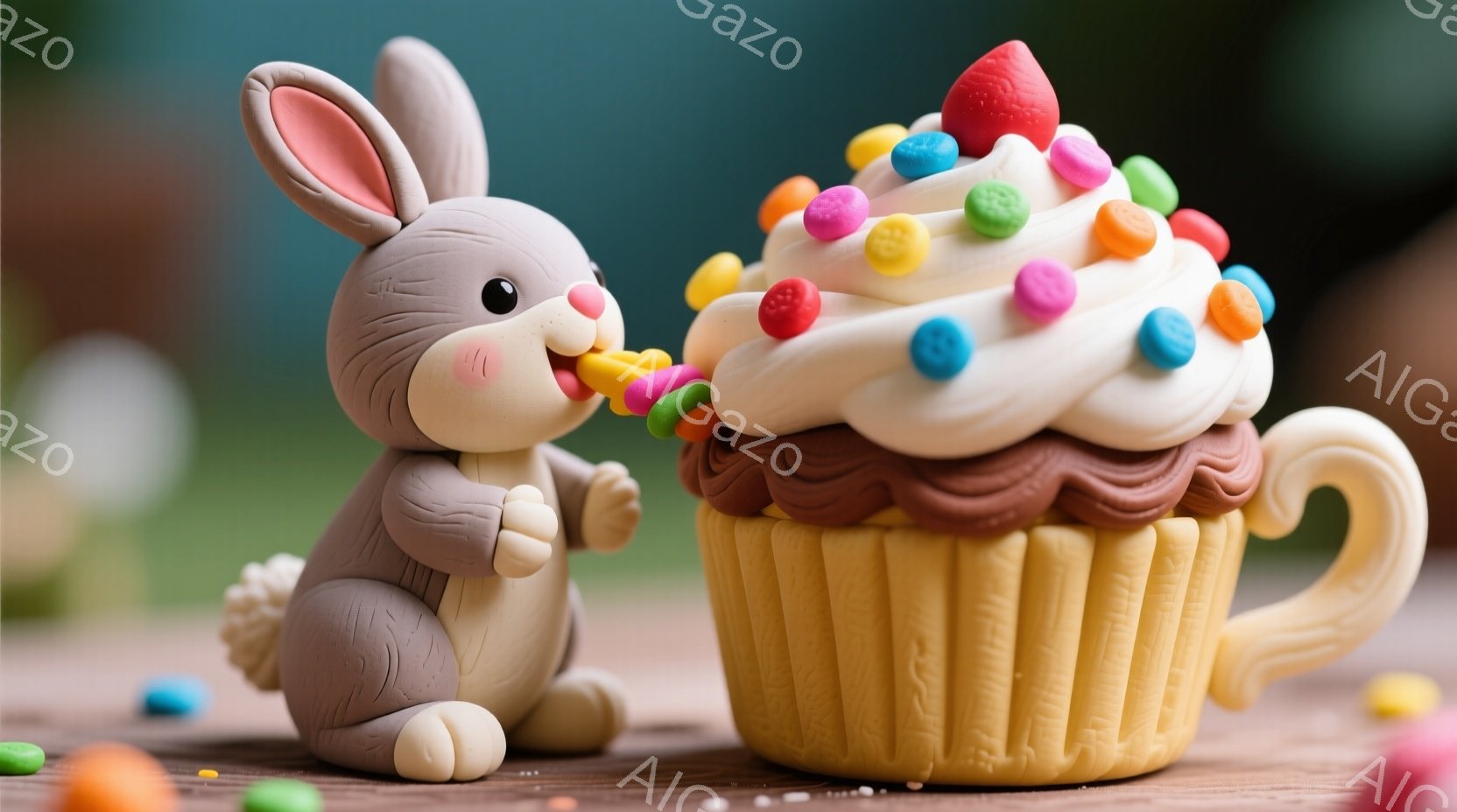 小さな灰色のウサギの人形が、大きなカップケーキのクリームに顔を近づけている様子が描かれています。カップケーキは茶色の生地に白いクリームとカラフルな粒状のトッピングが施されており、ウサギはクリームを少し口に含んでいるように見えます。背景は木製のテーブルとぼやけた緑色の背景で、全体的に明るく、甘くて楽しい雰囲気が漂っています。