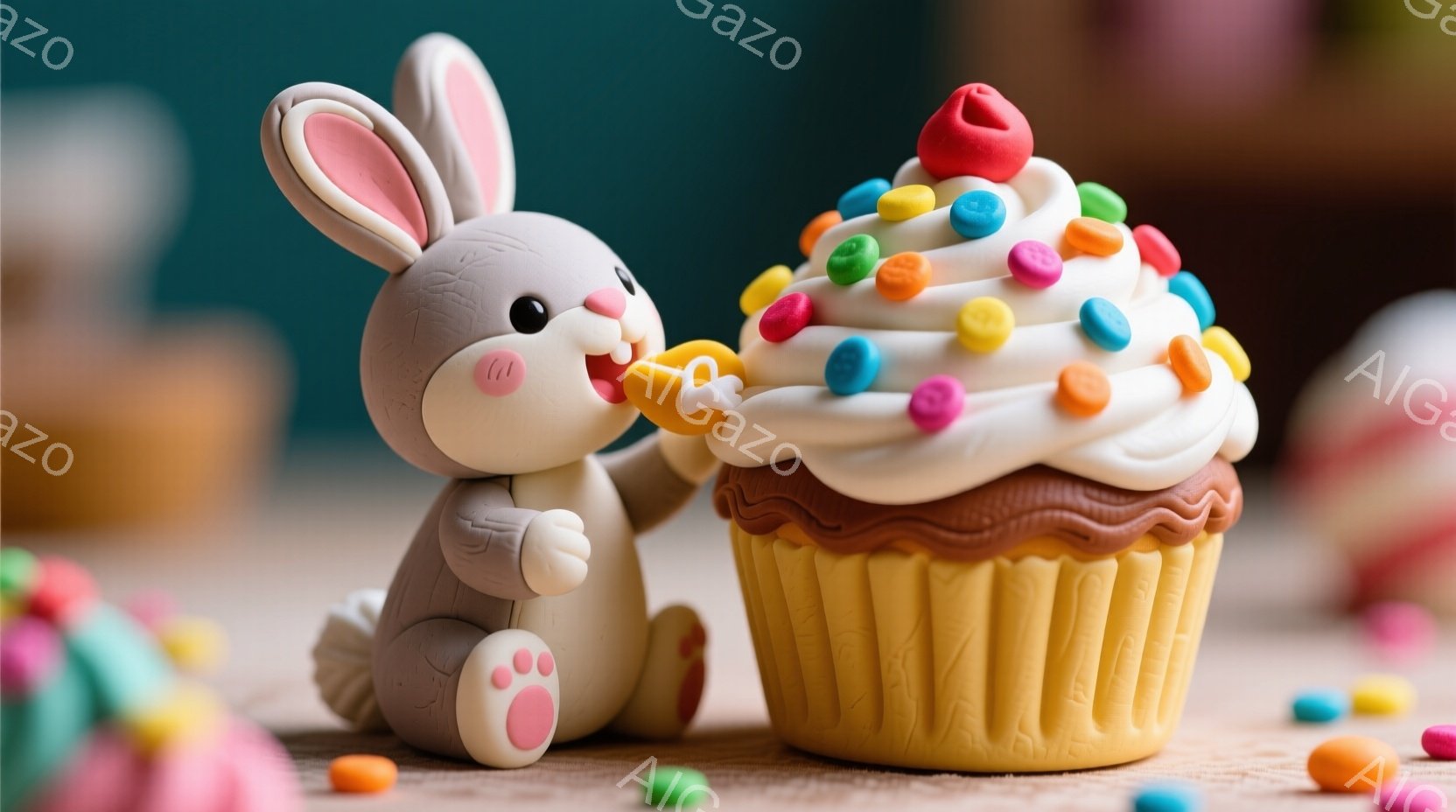 灰色のウサギの人形が、カラフルなスプリンクルが乗った大きなカップケーキに手を伸ばしています。ウサギはピンク色の足を持ち、嬉しそうな表情で、まるでカップケーキを食べようとしているようです。背景には、パステルカラーの卵やその他のスプリンクルが散らばっており、お祝いムードの甘い雰囲気を醸し出しています。