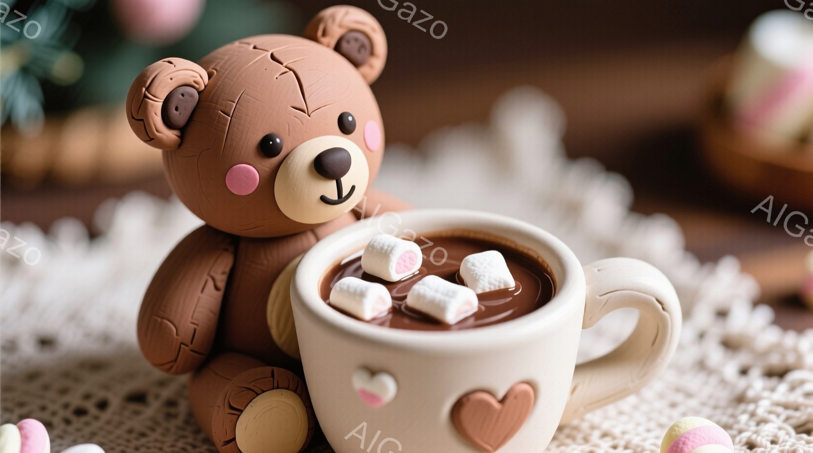 チョコレート色のテディベアが、マシュマロが浮かんだホットチョコレートのマグカップに寄り添っています。背景にはレース編みのドイリーと、カラフルなマシュマロの入ったお皿がぼんやりと見え、温かみのある雰囲気を醸し出しています。全体的に、冬の暖炉のそばでくつろぐような、甘くて心地よいイメージです。