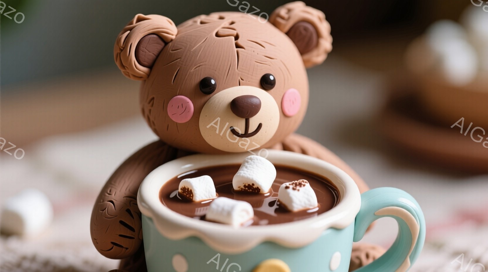 茶色いクマのぬいぐるみがおしゃれな水色のカップを抱えています。カップの中にはマシュマロと砕いたチョコレートが入っており、温かい飲み物のように見えます。背景にはぼやけた茶色の物体がいくつかあり、全体的に - AI生成フリー素材