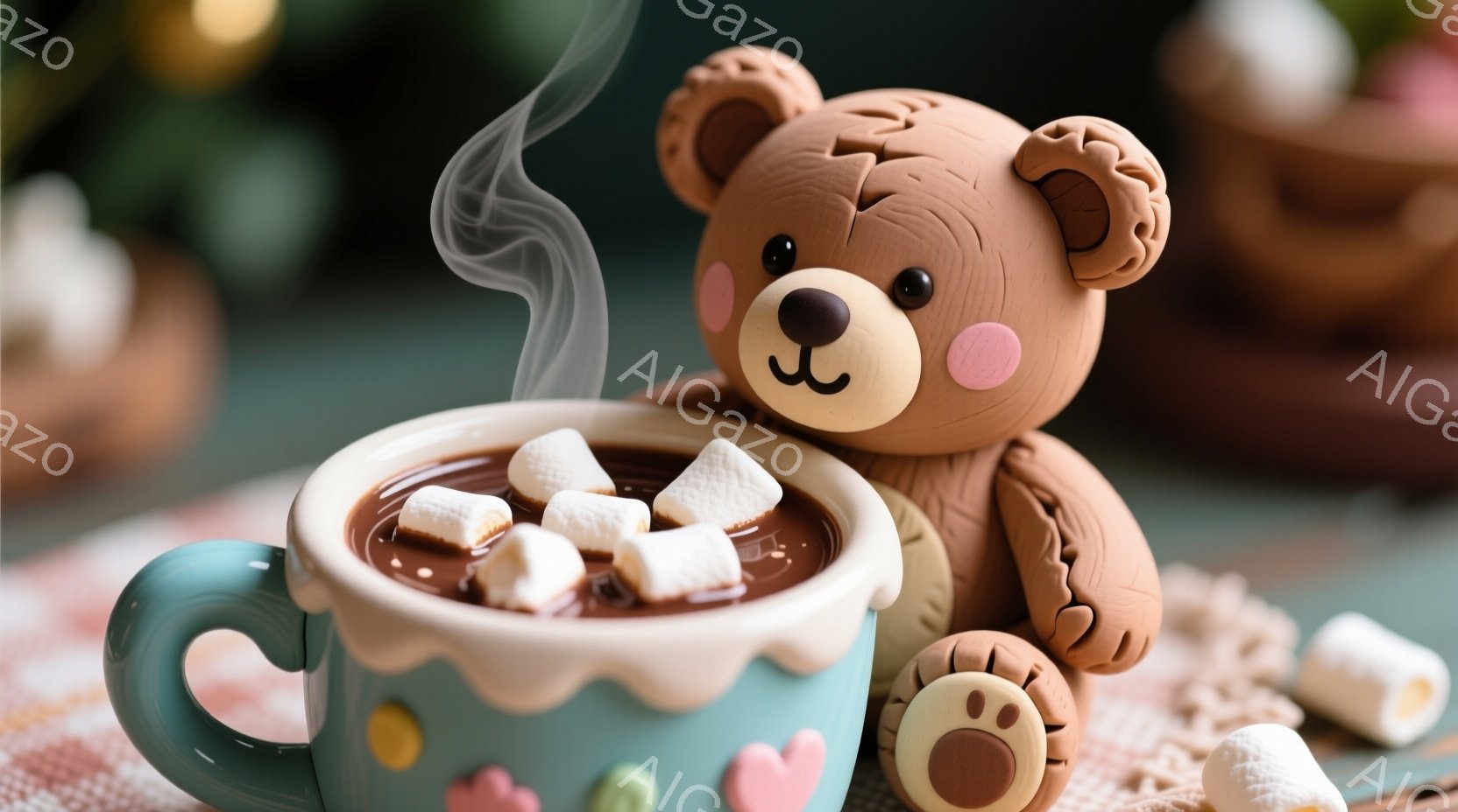 チョコレート色のマシュマロが浮かんだ温かい飲み物の中に、可愛らしい茶色のテディベアが寄りかかっています。背景には、ぼやけたピンクや黄色の装飾、そして一部の白いマシュマロが散らばっており、温かく居心地の - AI生成フリー素材