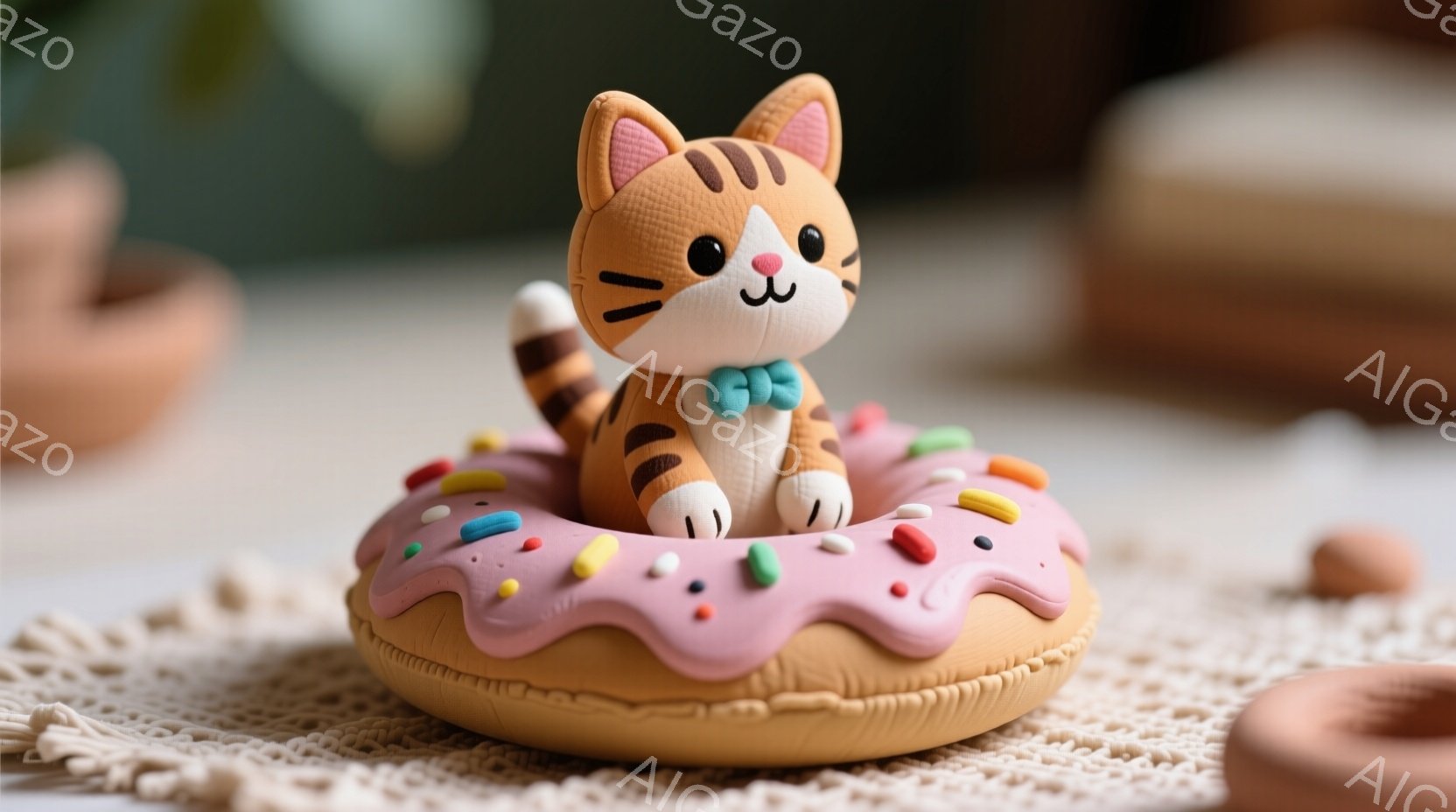 オレンジと白の縞模様の猫が、ピンク色のアイシングとカラフルなスプリンクルで飾られたドーナツの上に座っています。猫は青い蝶ネクタイをつけており、可愛らしい表情をしています。背景にはぼやけた茶色の物体があ - AI生成フリー素材