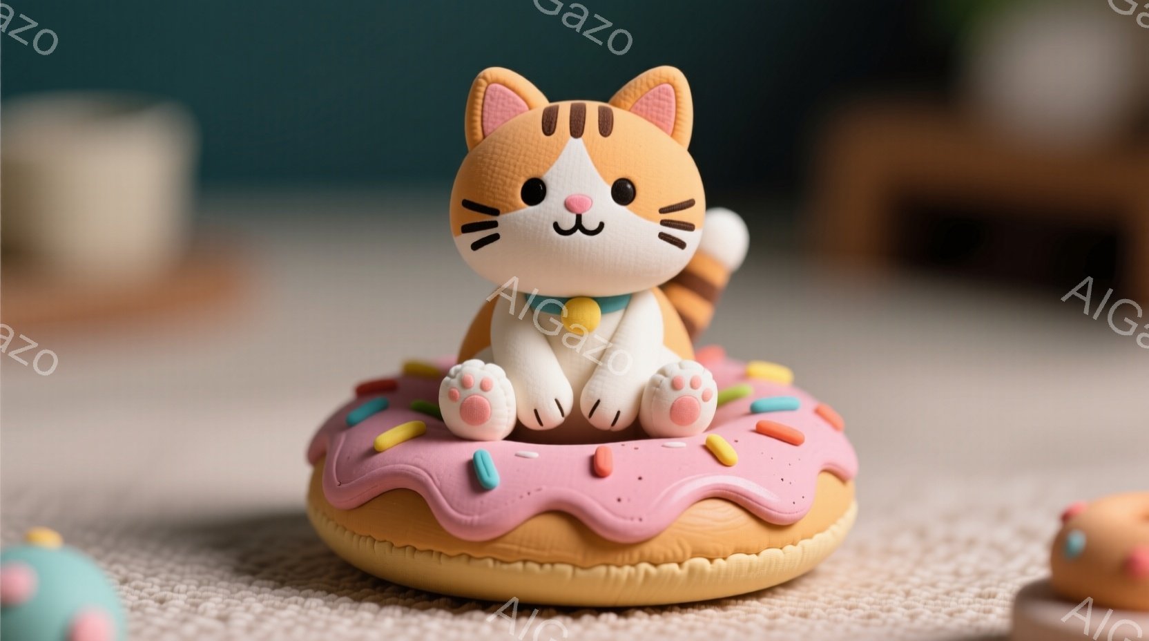 オレンジと白の縞模様の猫が、ピンク色のアイシングとカラフルなスプリンクルが飾られたドーナツの上に座っています。猫は赤い首輪をつけ、穏やかな表情で、前足を前に出して座っています。背景はぼやけており、ベージュ色の敷物と他のドーナツらしきものがわずかに見え、全体的に可愛らしく温かい雰囲気です。