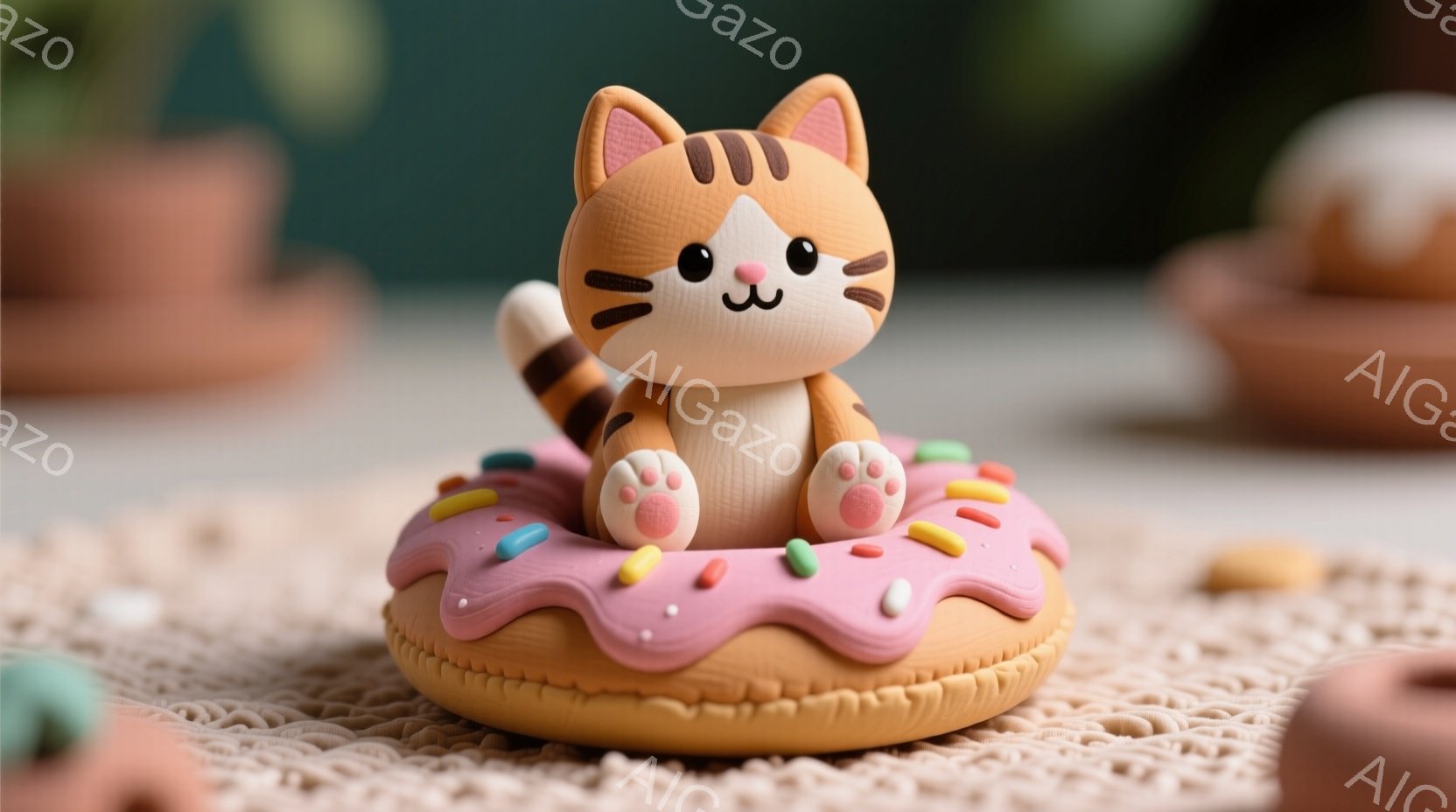 愛らしいオレンジ色の猫が、ピンク色のアイシングとカラフルなスプリンクルが飾られたドーナツの上に座っています。猫は両足を前に出し、幸せそうな表情で、お尻に白い縞模様が入っています。背景には、テラコッタ色の植木鉢や他の焼きたてのペストリーがぼやけており、全体的に温かく、遊び心のある雰囲気を醸し出しています。