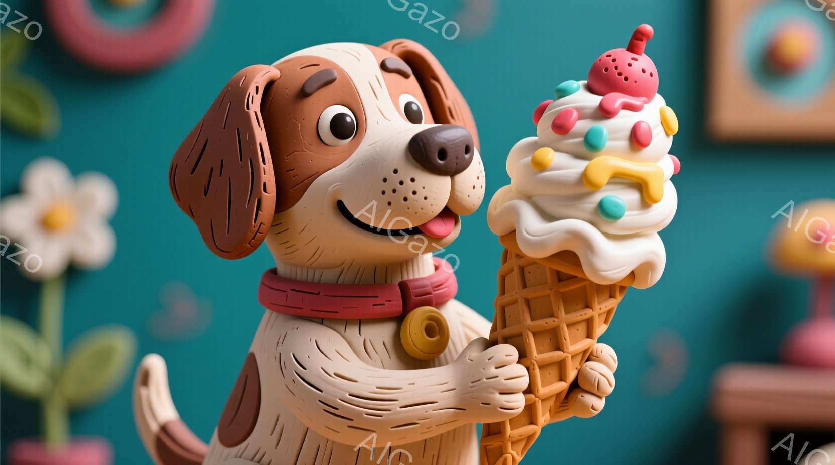 愛らしい犬が大きなソフトクリームを持っています。茶色と白の毛並みに、赤い首輪をつけており、楽しそうな表情をしています。背景はターコイズブルーで、花柄の模様や、テーブルなどの家具が見え、全体的に暖かく、幸せな雰囲気です。
