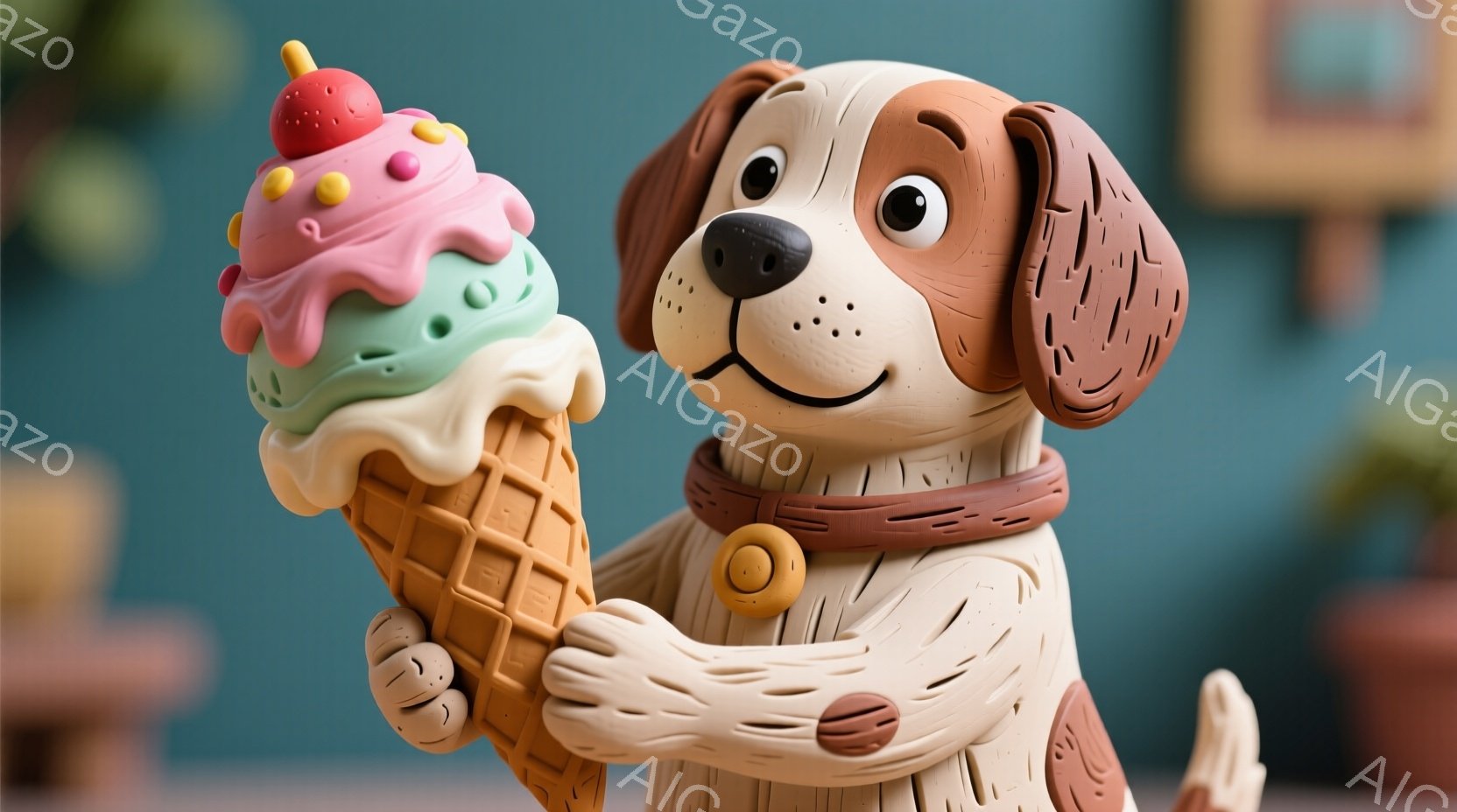 優しい笑顔の犬が、大きなソフトクリームを片手で持っています。クリームはピンクと緑で、トッピングに赤い果物と黄色い粒が飾られています。背景はターコイズブルーで、絵画や植物が飾られており、全体的に温かく可愛らしい雰囲気です。