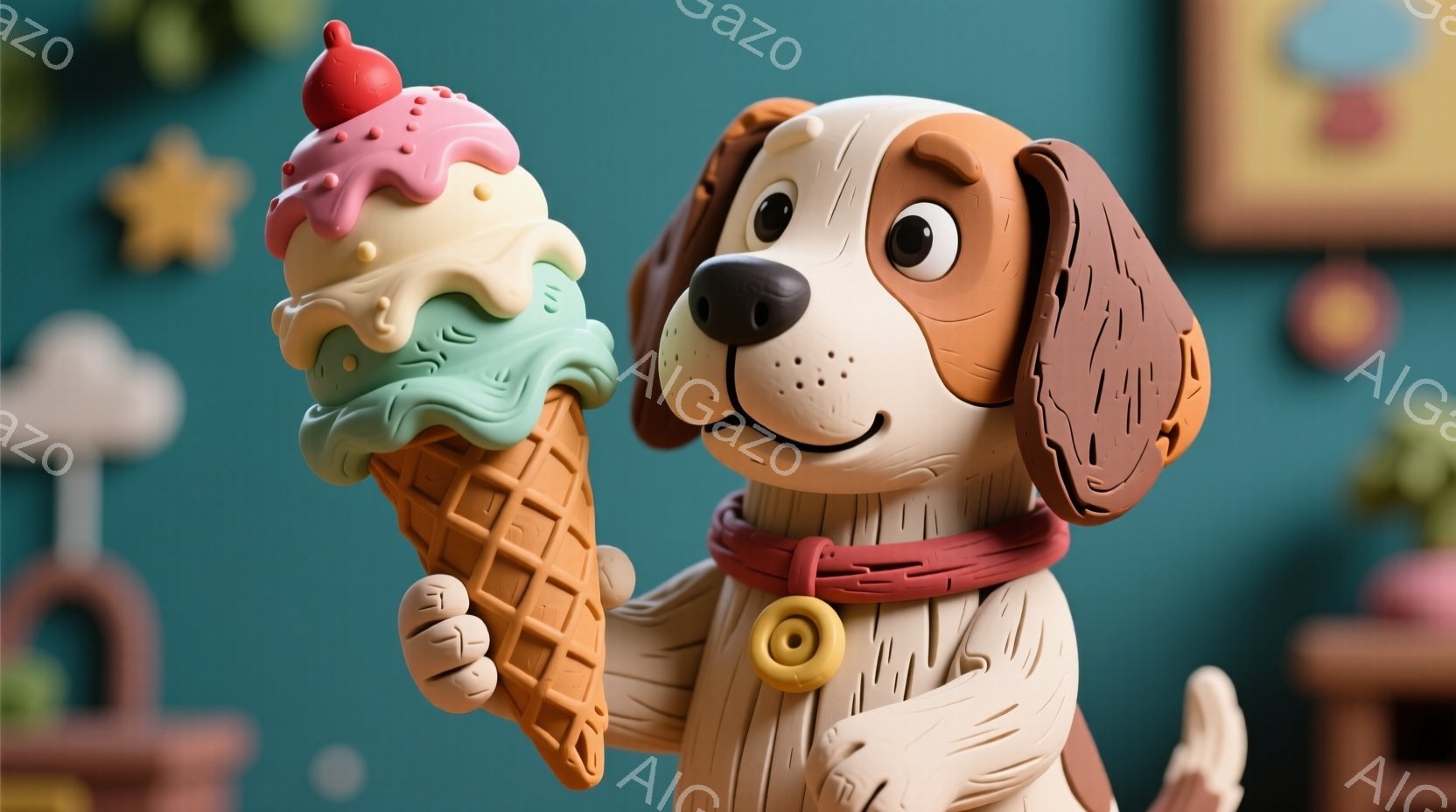 クリーム色のボディに茶色の斑点模様の犬が、大きなソフトクリームを片手で持っています。犬は赤い首輪をつけ、楽しそうな表情でカメラを見つめており、背景にはカラフルな装飾と絵画が飾られています。全体的に明る - AI生成フリー素材