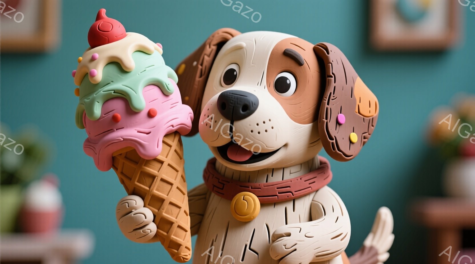 茶色と白の毛並みを持つ犬が、巨大なソフトクリームを持って微笑んでいます。赤い首輪と金色のバッジが可愛らしいアクセントになっており、全体的に温かく、遊び心のある雰囲気が漂っています。背景には、ぼやけた絵画や植物が見え、室内であることが分かります。