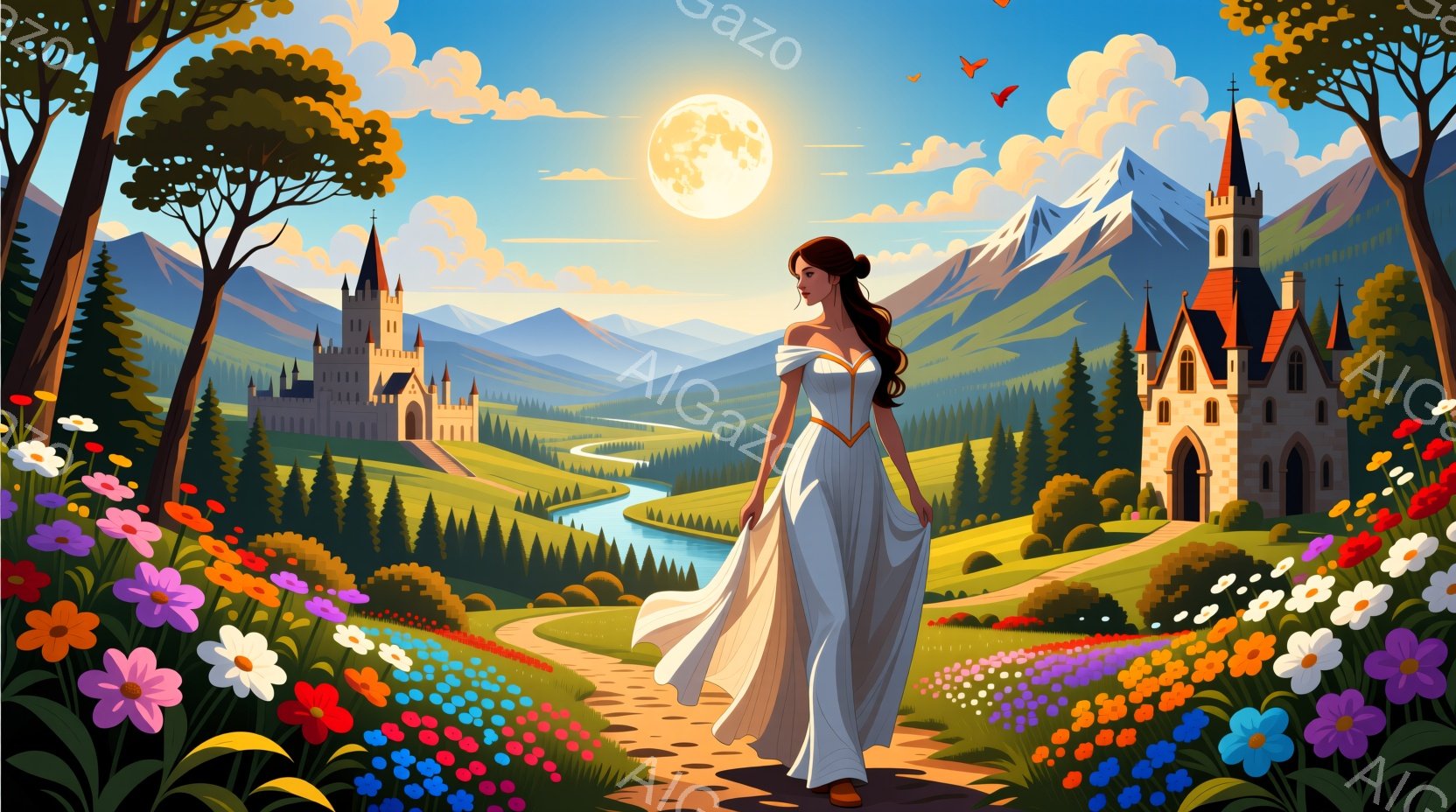 長い茶色の髪を背中に垂らし、白いオフショルダーのドレスを着た女性が、花畑の小道を歩いている。背景には、緑豊かな山々、城、そして曲がりくねった川が広がり、空には太陽が輝いている。全体的に穏やかで幻想的な雰囲気が漂っている。