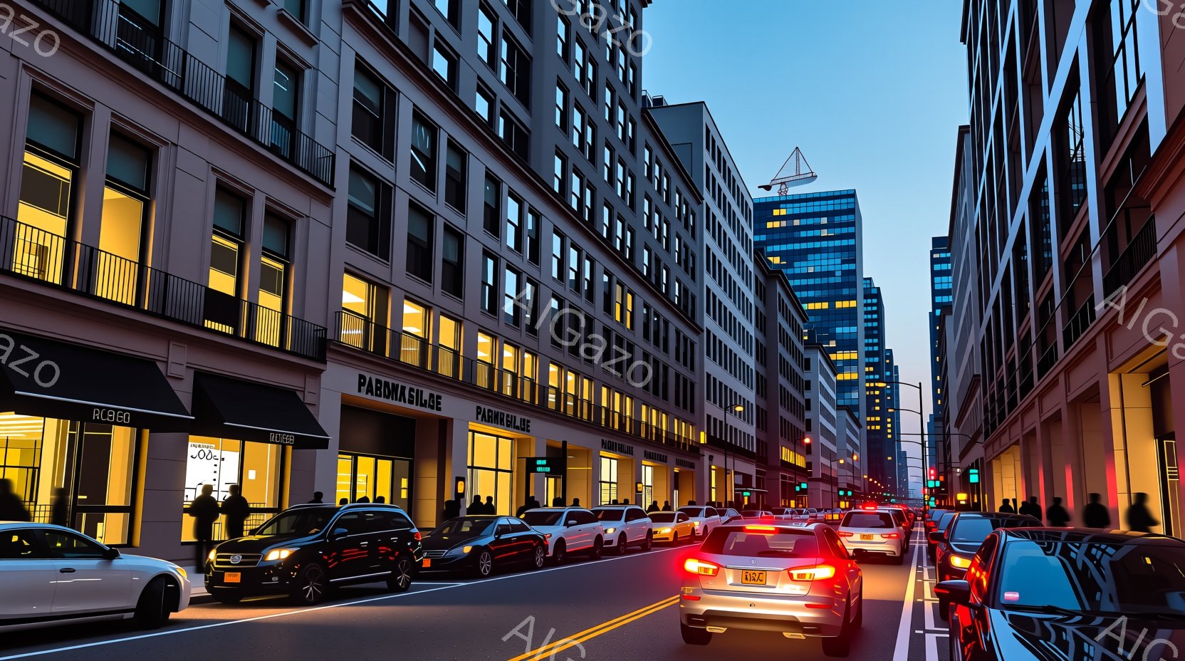 ニューヨークの街並みで、夕暮れ時の賑やかな通りが写されている。高層ビルが両側に立ち並び、車のヘッドライトや窓の光が点在し、都市の活気を感じさせる。歩道には数人が歩いており、フォーマルな服装の人が見受けられるが、表情や詳細は不明である。