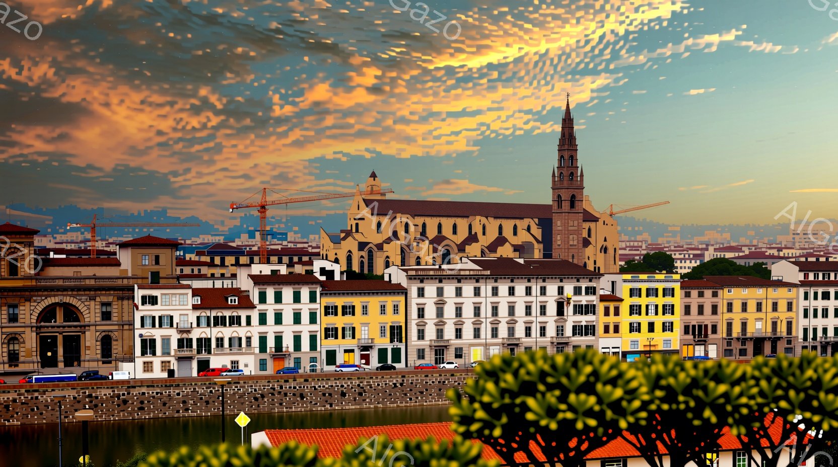 街並みが広がる風景で、手前に低木、そして歴史的な建物が並び、背後には教会がそびえ立っている。空は夕焼けの名残でオレンジとピンクのグラデーションが美しく、穏やかな雰囲気を醸し出している。建物の色彩はパス - AI生成フリー素材