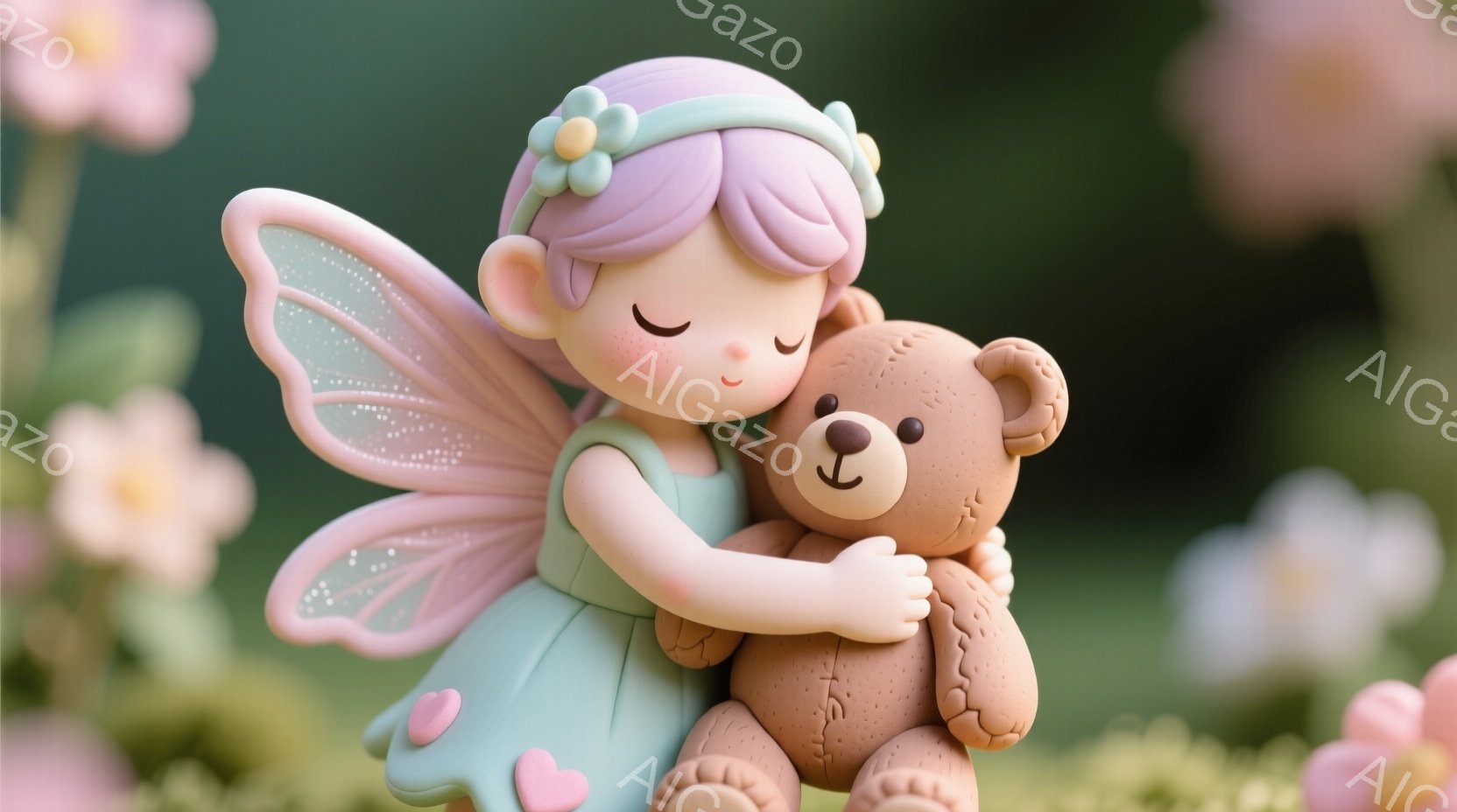 桃色の髪に花飾りをつけた少女が、薄い緑色のワンピースを着て、テディベアを抱きしめています。彼女は目を閉じて微笑んでおり、背景にはぼやけたピンクや白の花が咲き乱れているのが見えます。全体的に柔らかく、温かく、夢のような雰囲気です。