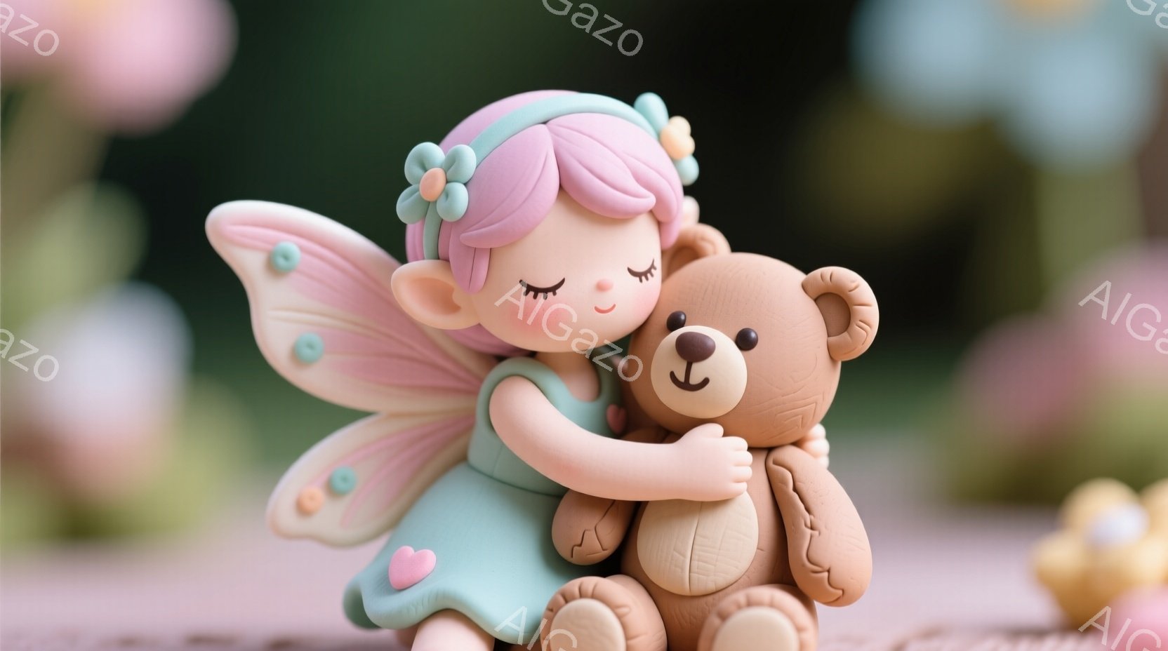 桃色の髪に花飾りをつけた妖精の女の子が、茶色のテディベアを抱きしめています。彼女は水色のワンピースを着ており、顔には穏やかな微笑みが浮かんでいます。背景には、ぼやけたピンクと黄色の花が咲き乱れ、柔らか - AI生成フリー素材