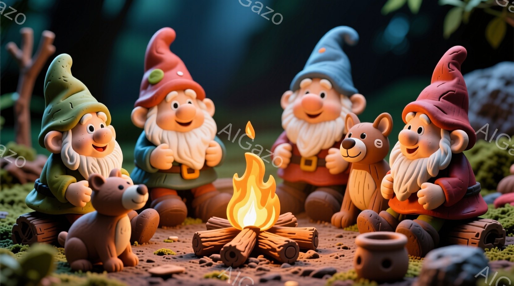 画面には、暖炉を囲んで座っている、ひげを生やした帽子をかぶった小人が4人います。彼らはそれぞれ異なる色の服を着ており、愉快そうに微笑んでいます。背景には緑豊かな苔むした地面と木々があり、まるでファンタジー世界の温かく親密なシーンを描いているようです。