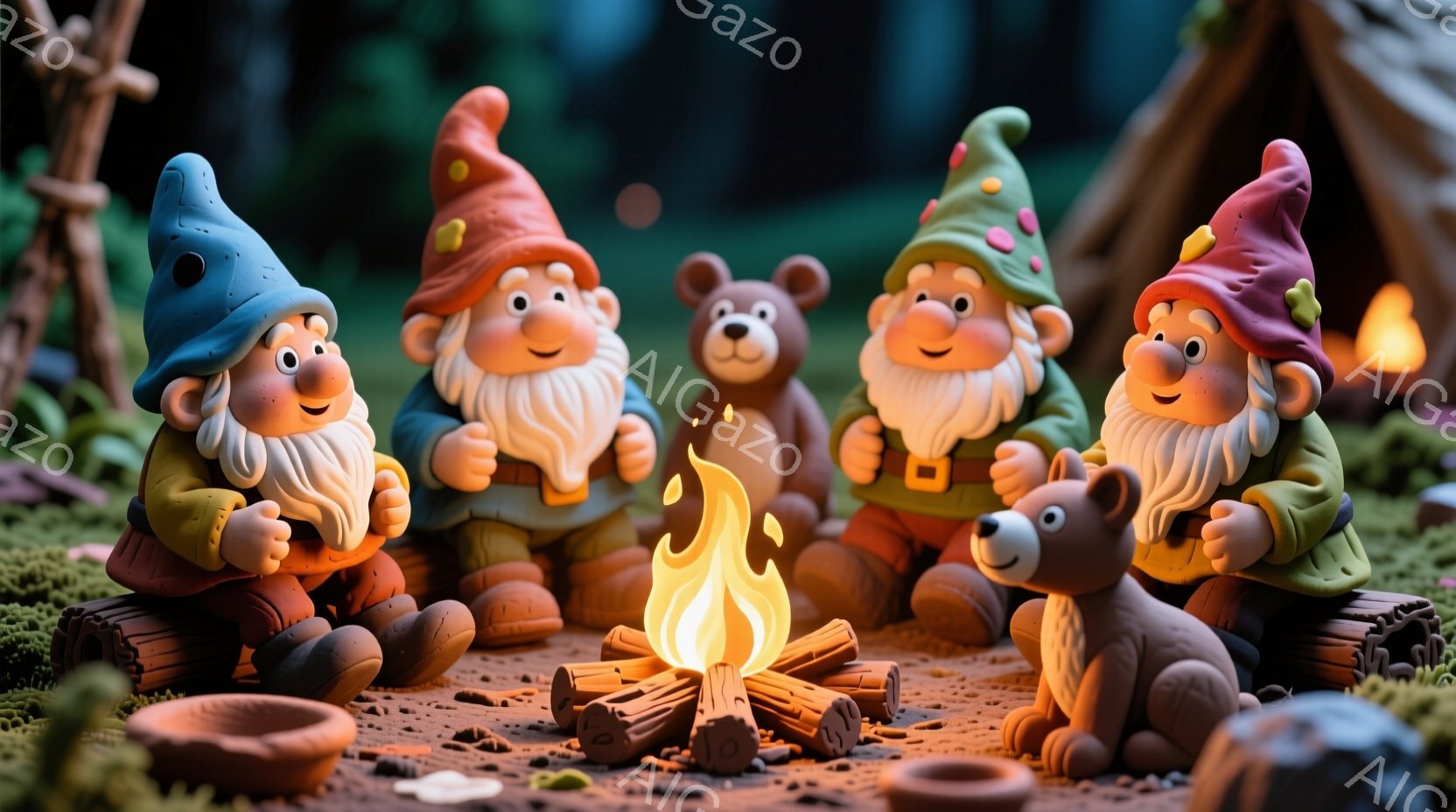 庭の小人のようなキャラクターたちが、燃え盛る焚き火を囲んで座っています。各キャラクターはカラフルな帽子とひげを生やし、楽しそうな表情をしています。背景には苔むした地面と、簡素な小屋のようなものがぼやけて見え、温かく穏やかな雰囲気です。