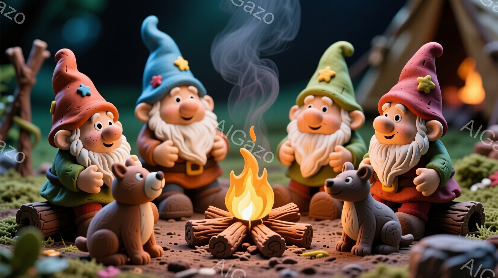 小さな妖精のような生き物たちが、暖炉を囲んで座っている様子が描かれています。彼らはそれぞれ異なる色の帽子を被り、愉快そうな表情を浮かべています。背景には、緑の苔と小さな木々が見え、まるでファンタジー世界の風景のようです。