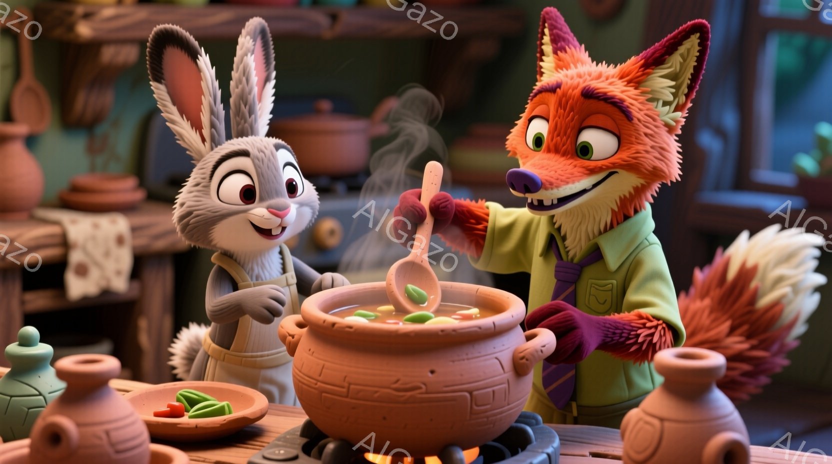 鮮やかな色彩のキッチンで、ウサギの女性とキツネの男性が料理を作っています。ウサギはエプロンを着ており、キツネは緑色の制服を着て、大きな鍋の中身を木べらでかき混ぜています。背景には陶器の壺や調理器具が並 - AI生成フリー素材