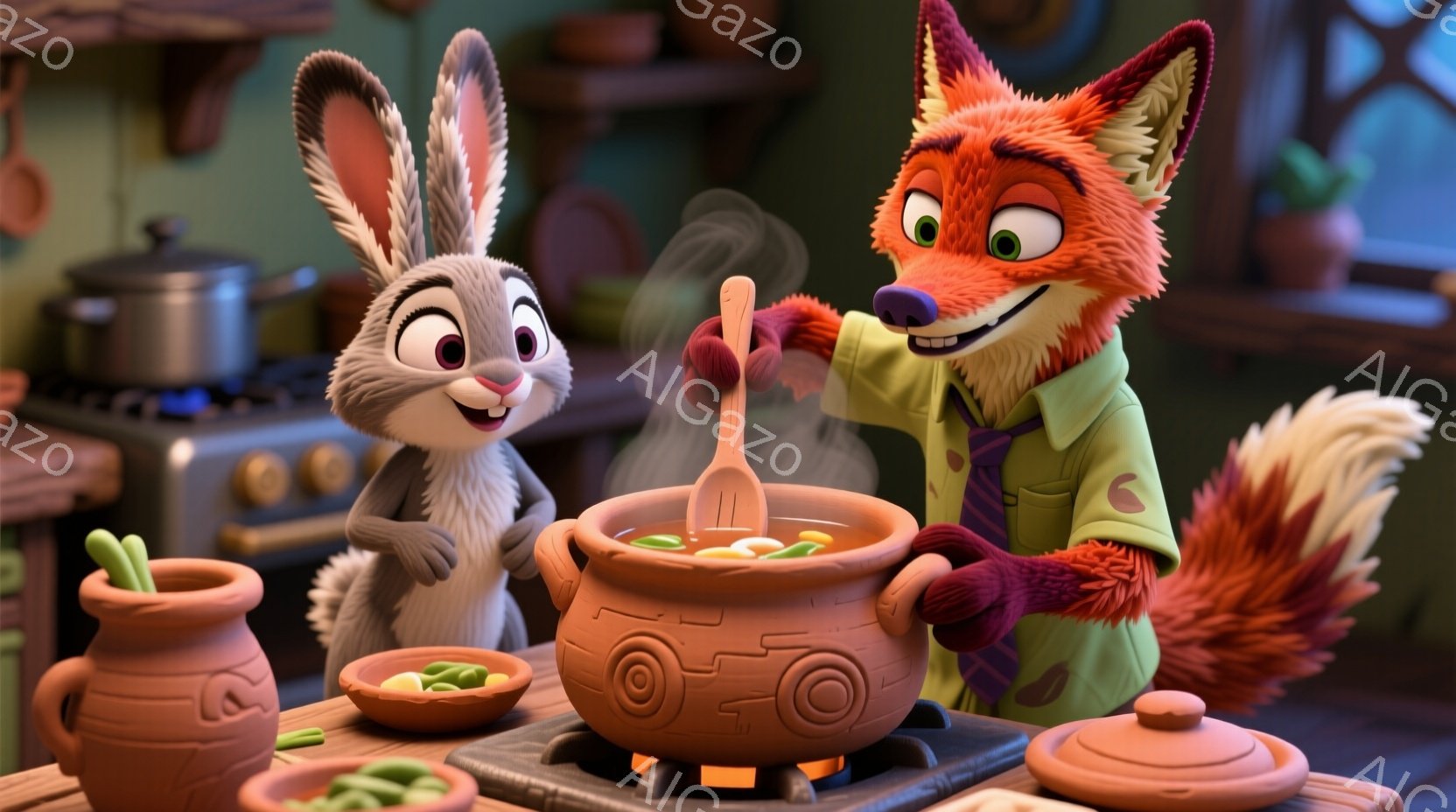 鮮やかなキッチンを背景に、ウサギの女性とキツネの男性が料理をしている様子が描かれています。ウサギはピンク色の髪飾りをつけ、キツネはエプロンと紫色のネクタイを着用し、楽しそうに鍋の中身をかき混ぜています。土鍋からは湯気が立ち上り、食欲をそそる温かい雰囲気が漂っています。