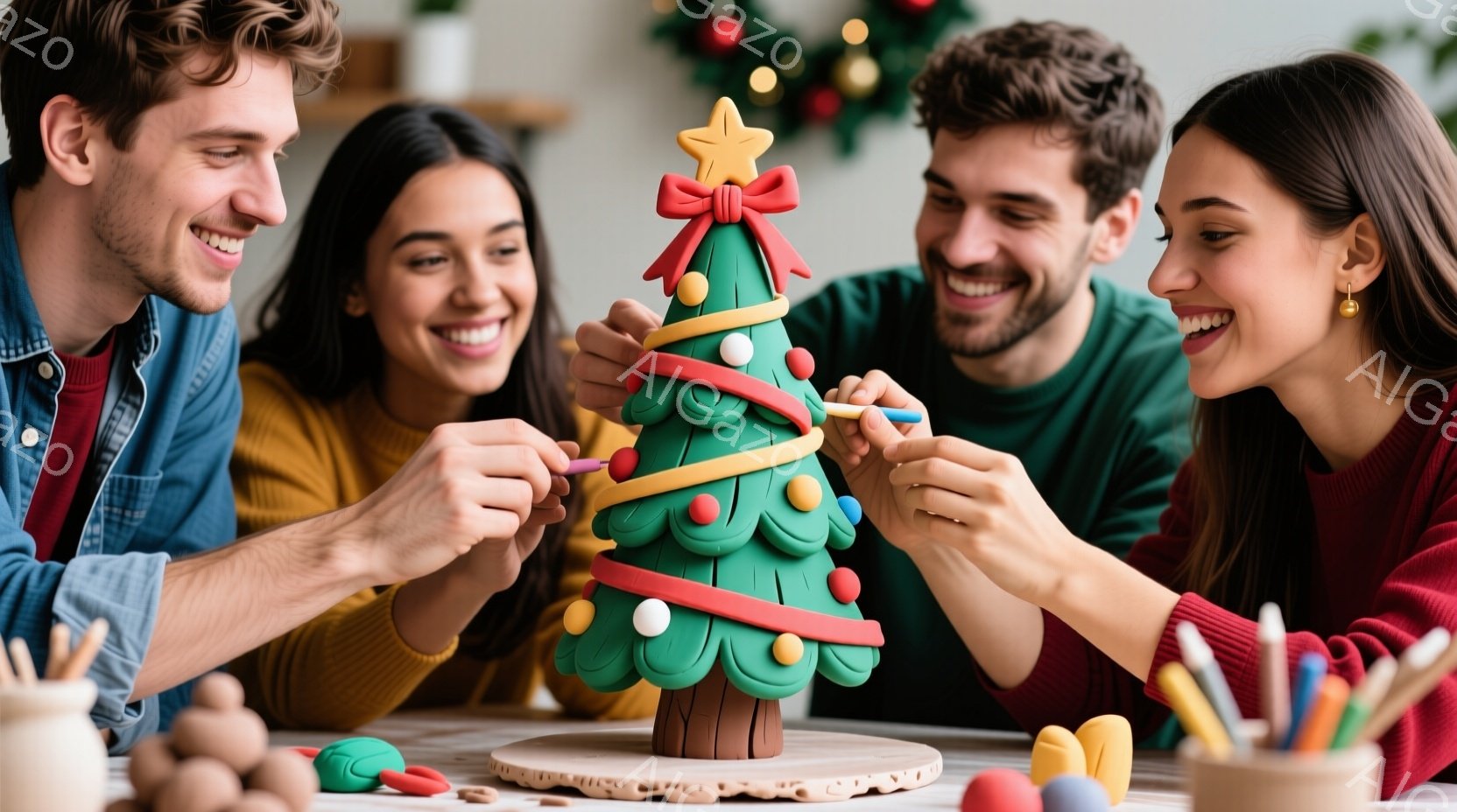 4人の若者がクリスマスのオーナメントを作っています。男性は明るいブルーのシャツを着ており、女性はそれぞれイエローとレッドのニットを着ています。皆笑顔で、粘土で作られたクリスマスツリーに色とりどりの装飾を丁寧に付けており、クリスマスの温かい雰囲気が漂っています。